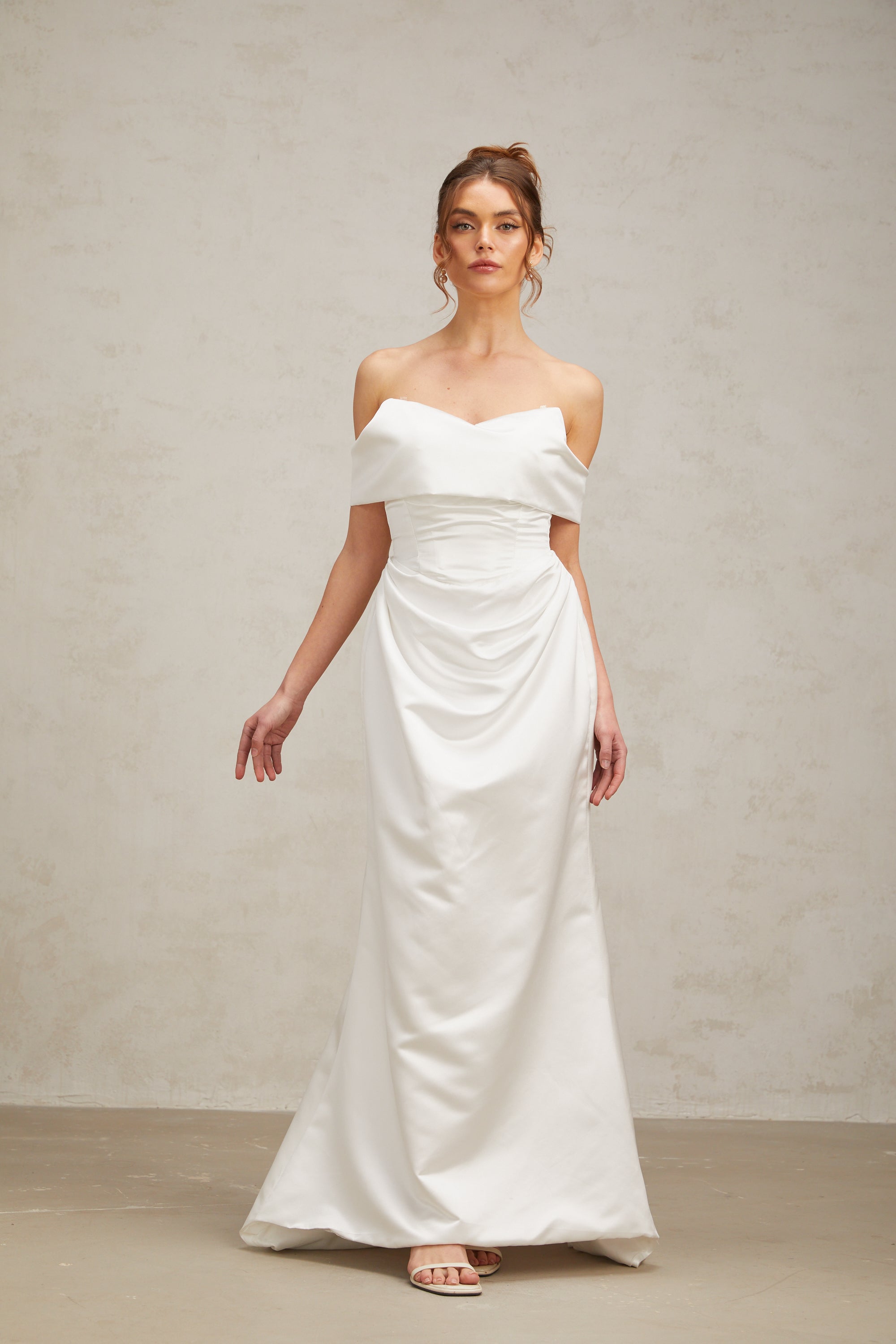 Lucia white off-shoulder ruched satin maxi dress