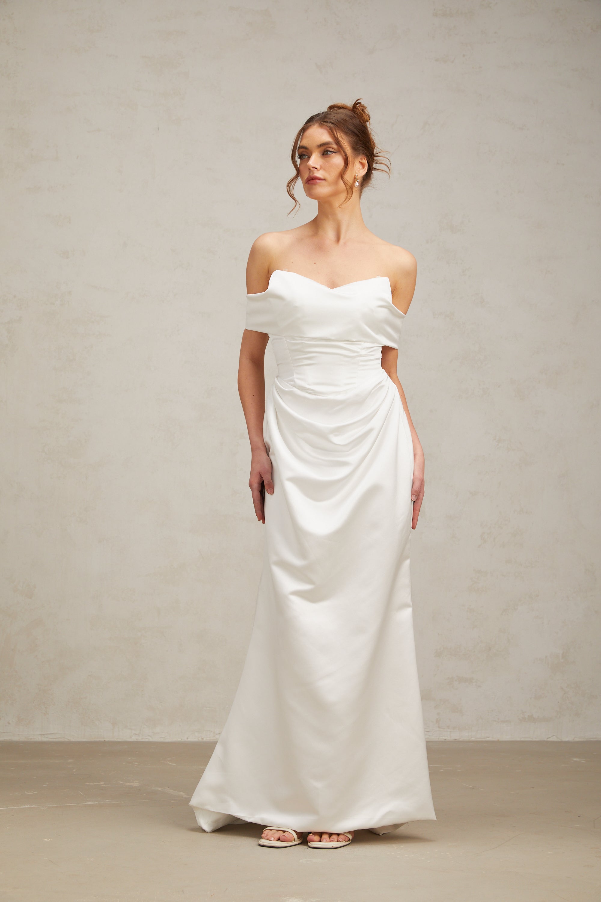 Lucia white off-shoulder ruched satin maxi dress