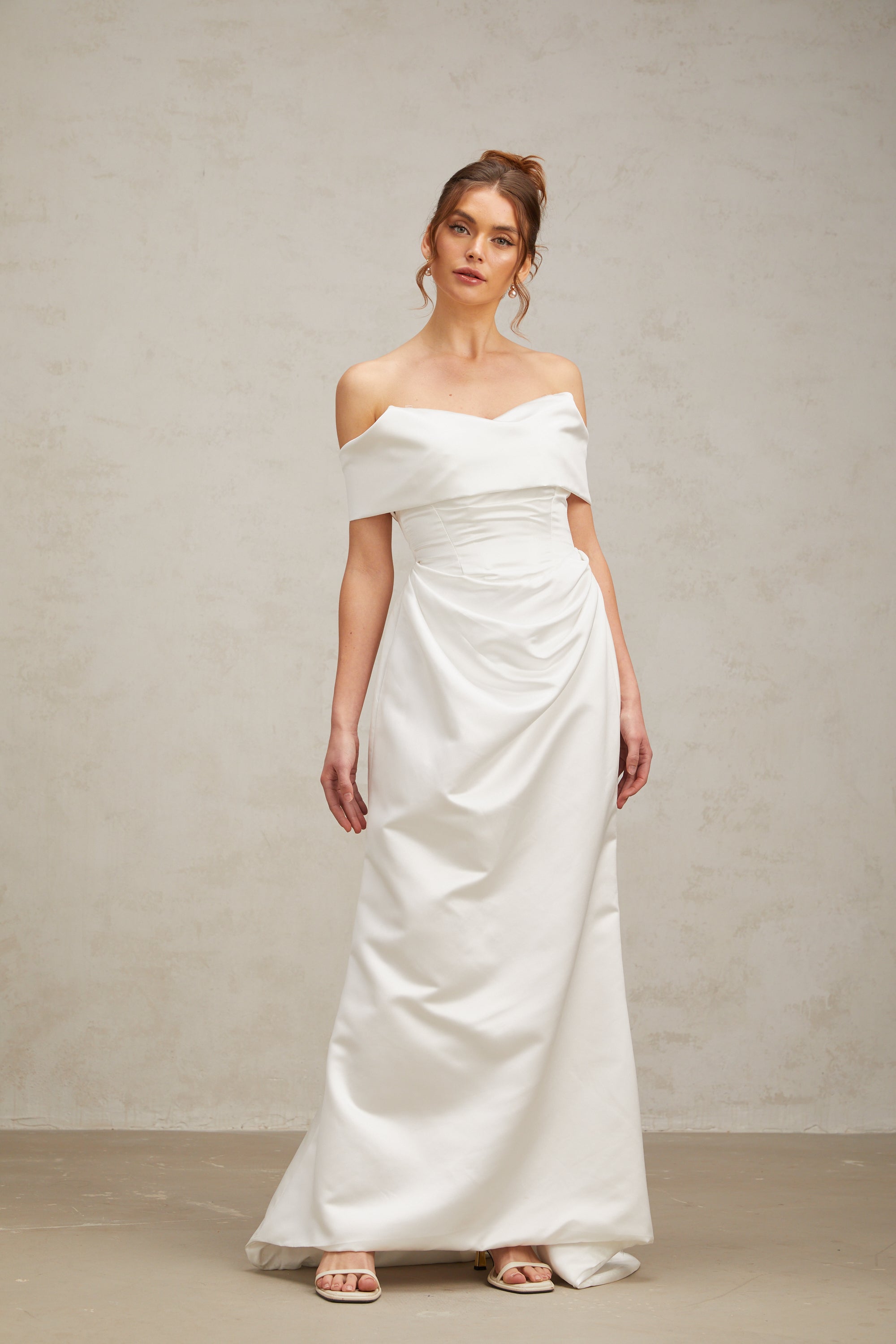 Lucia white off-shoulder ruched satin maxi dress