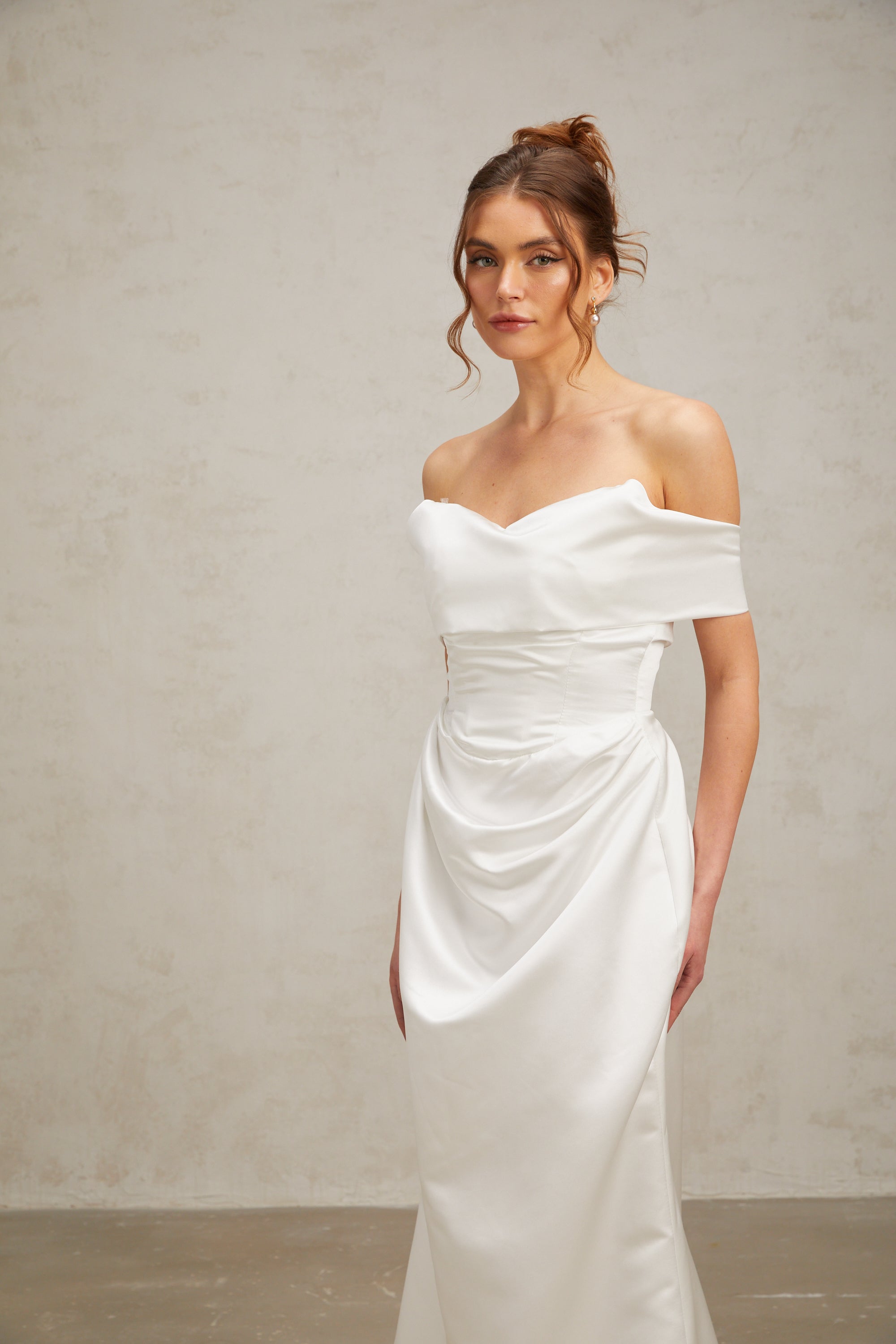 Lucia white off-shoulder ruched satin maxi dress