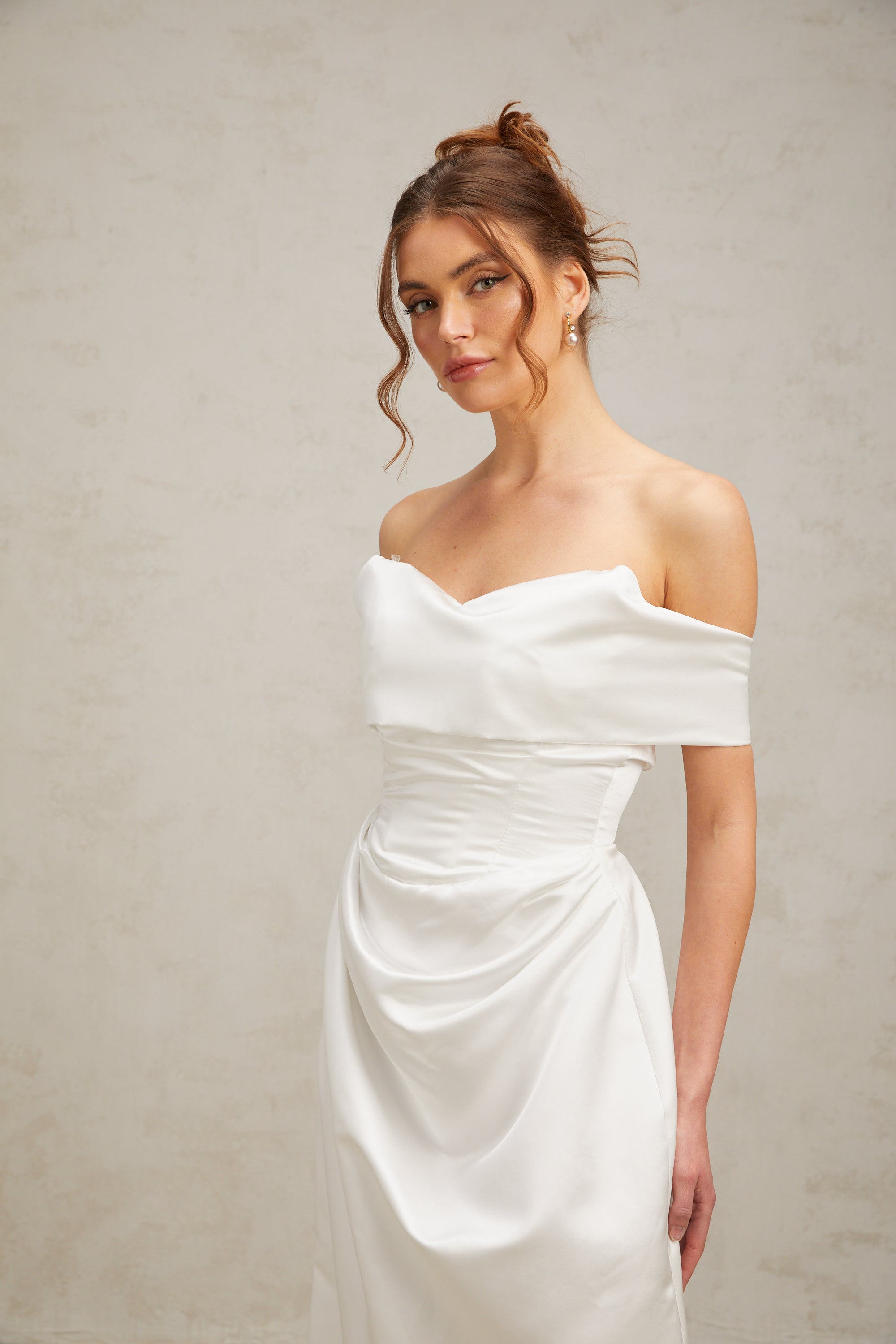 Lucia white off-shoulder ruched satin maxi dress