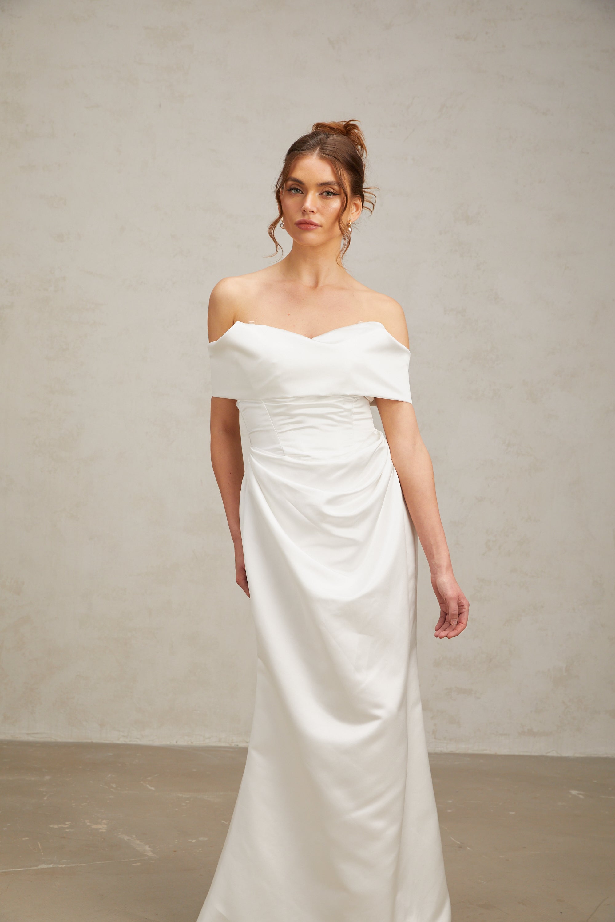 Lucia white off-shoulder ruched satin maxi dress