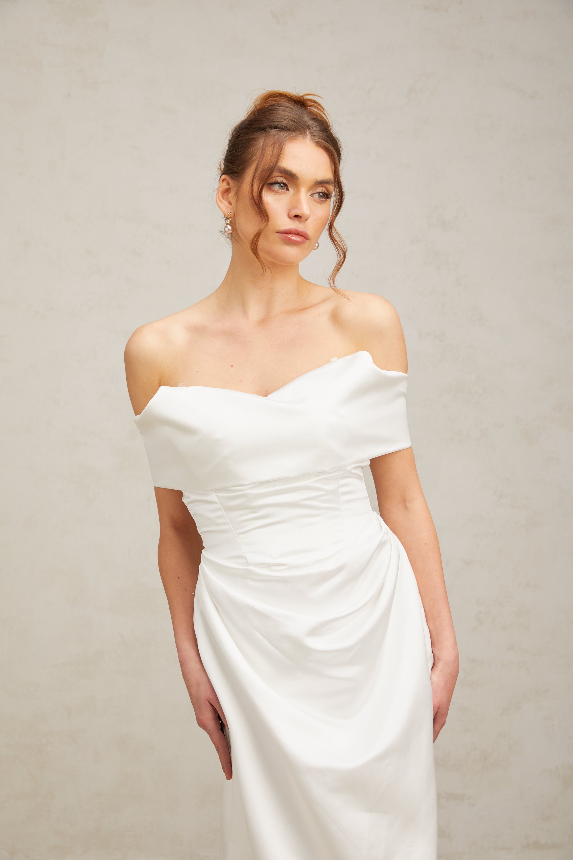 Lucia white off-shoulder ruched satin maxi dress