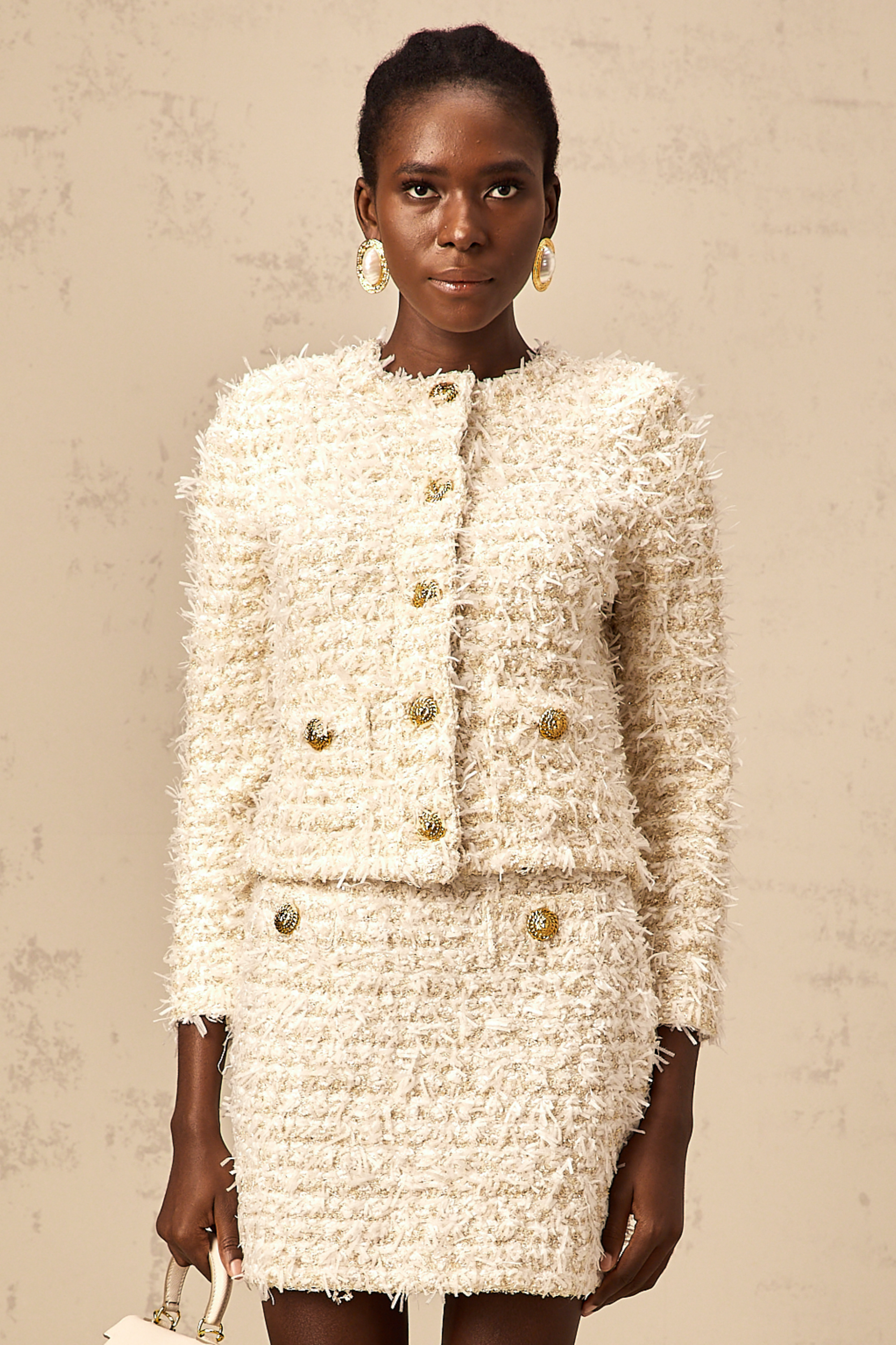 Jolanda white furry knit cardigan & skirt matching set