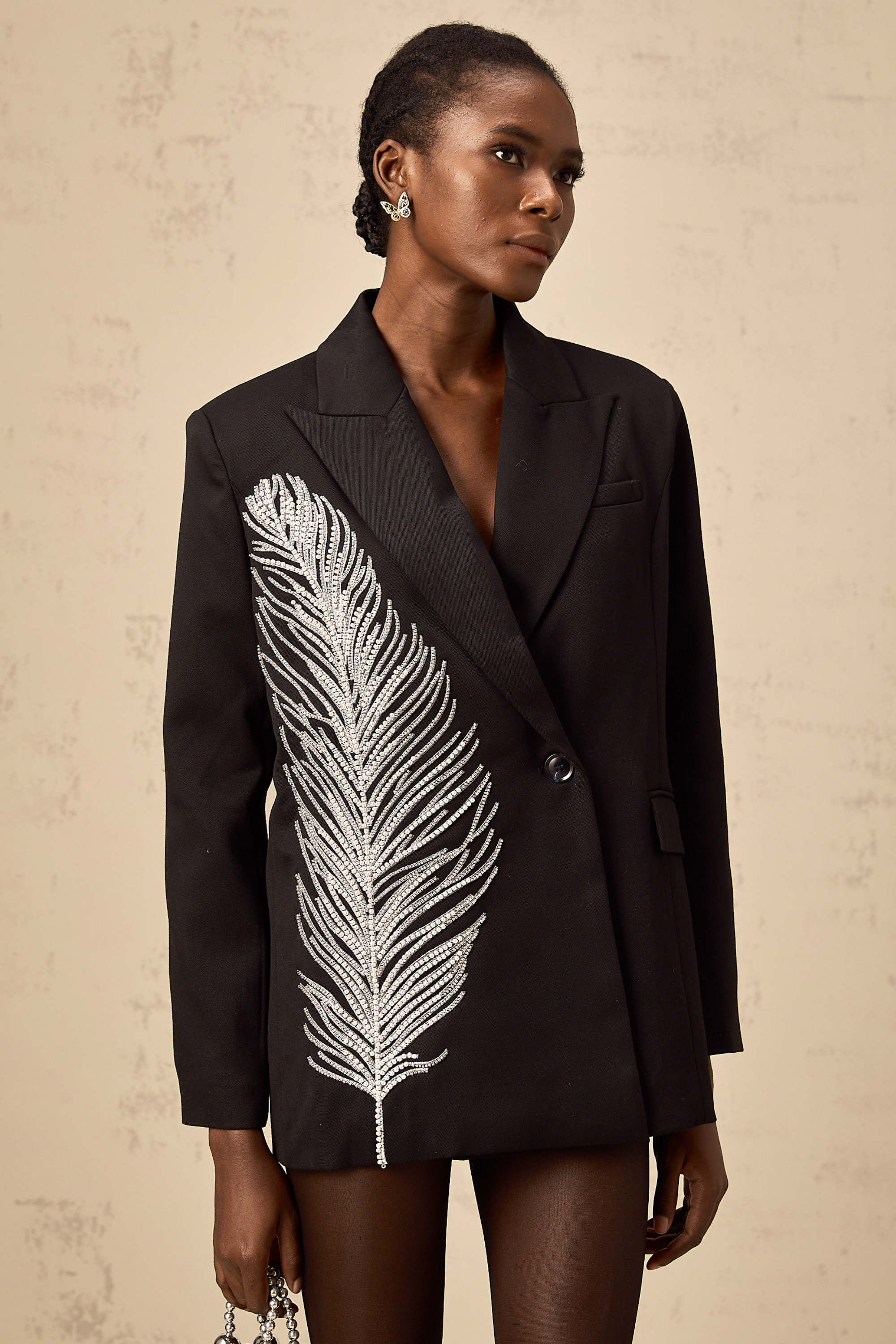 Skylar black beaded feather-motif blazer