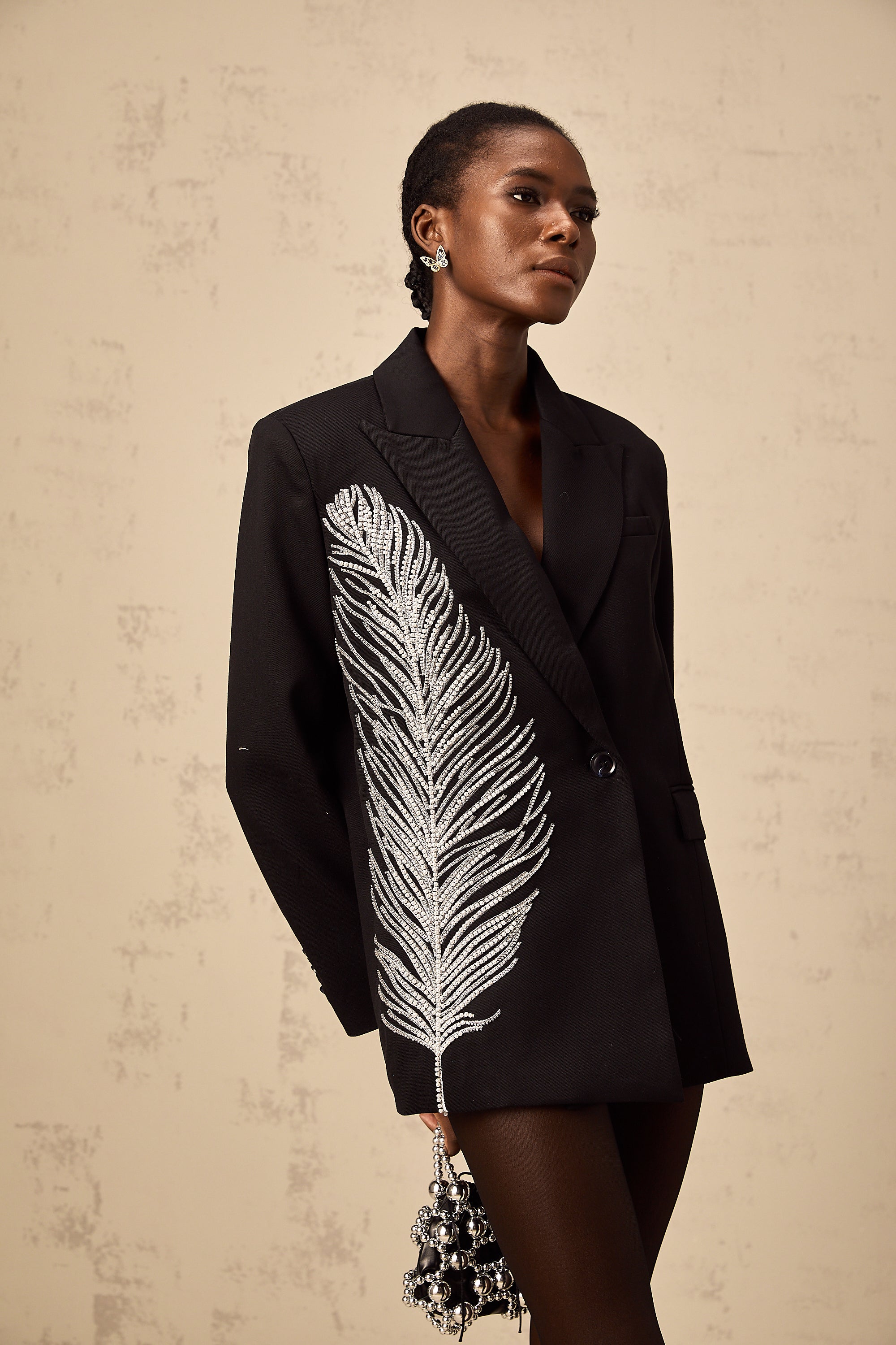 Skylar black beaded feather-motif blazer