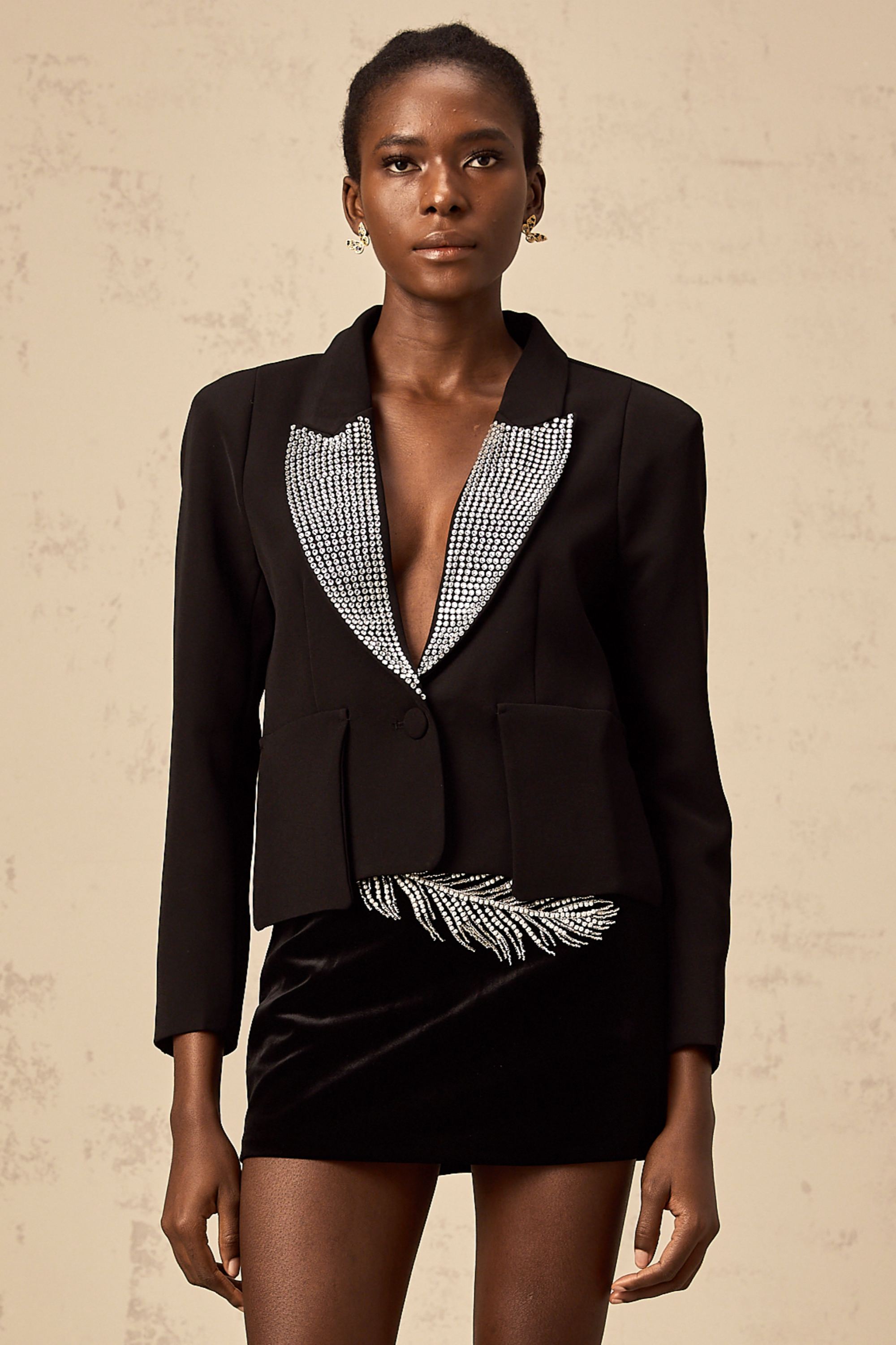 Winnie black crystal-embellished V-neck blazer