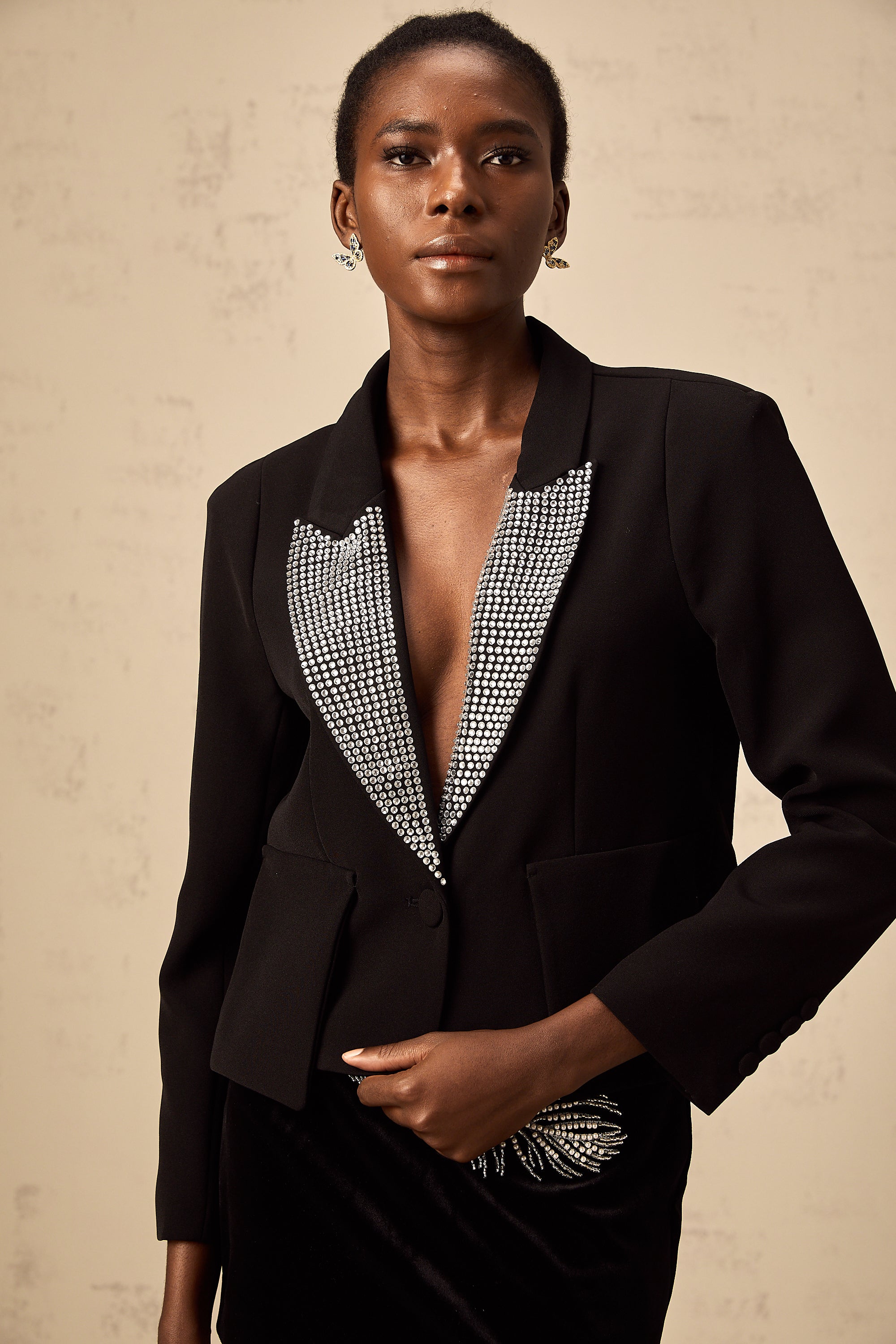 Winnie black crystal-embellished V-neck blazer