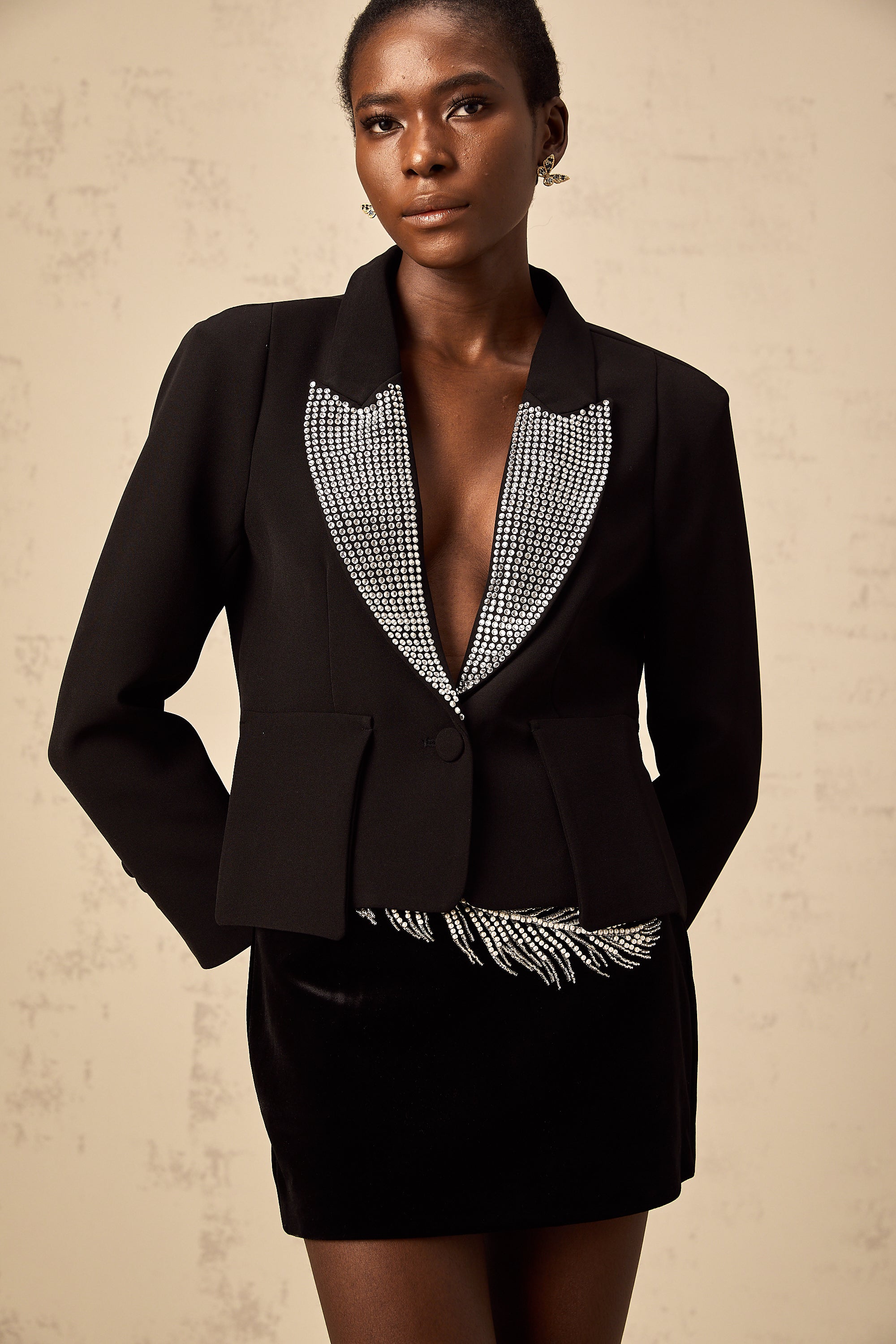 Winnie black crystal-embellished V-neck blazer