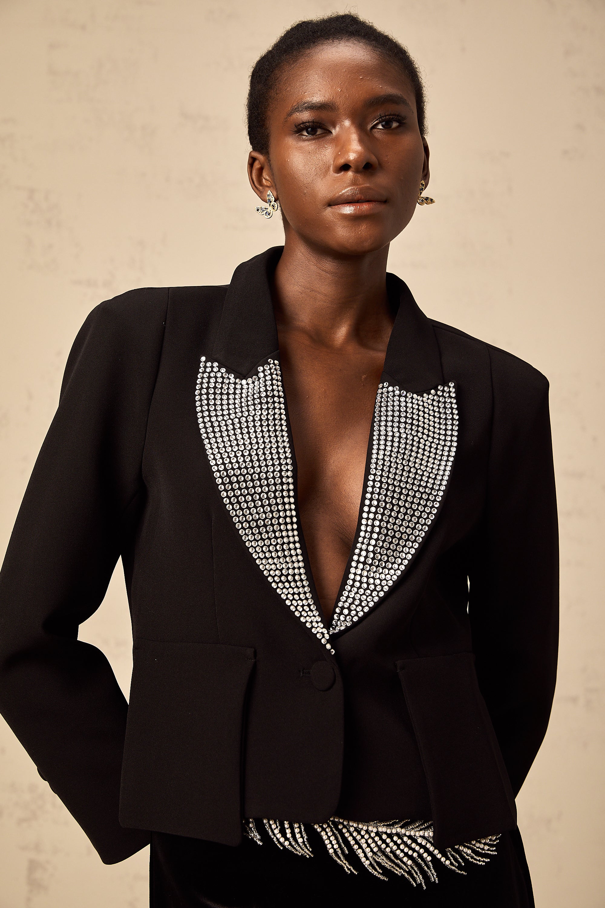 Winnie black crystal-embellished V-neck blazer