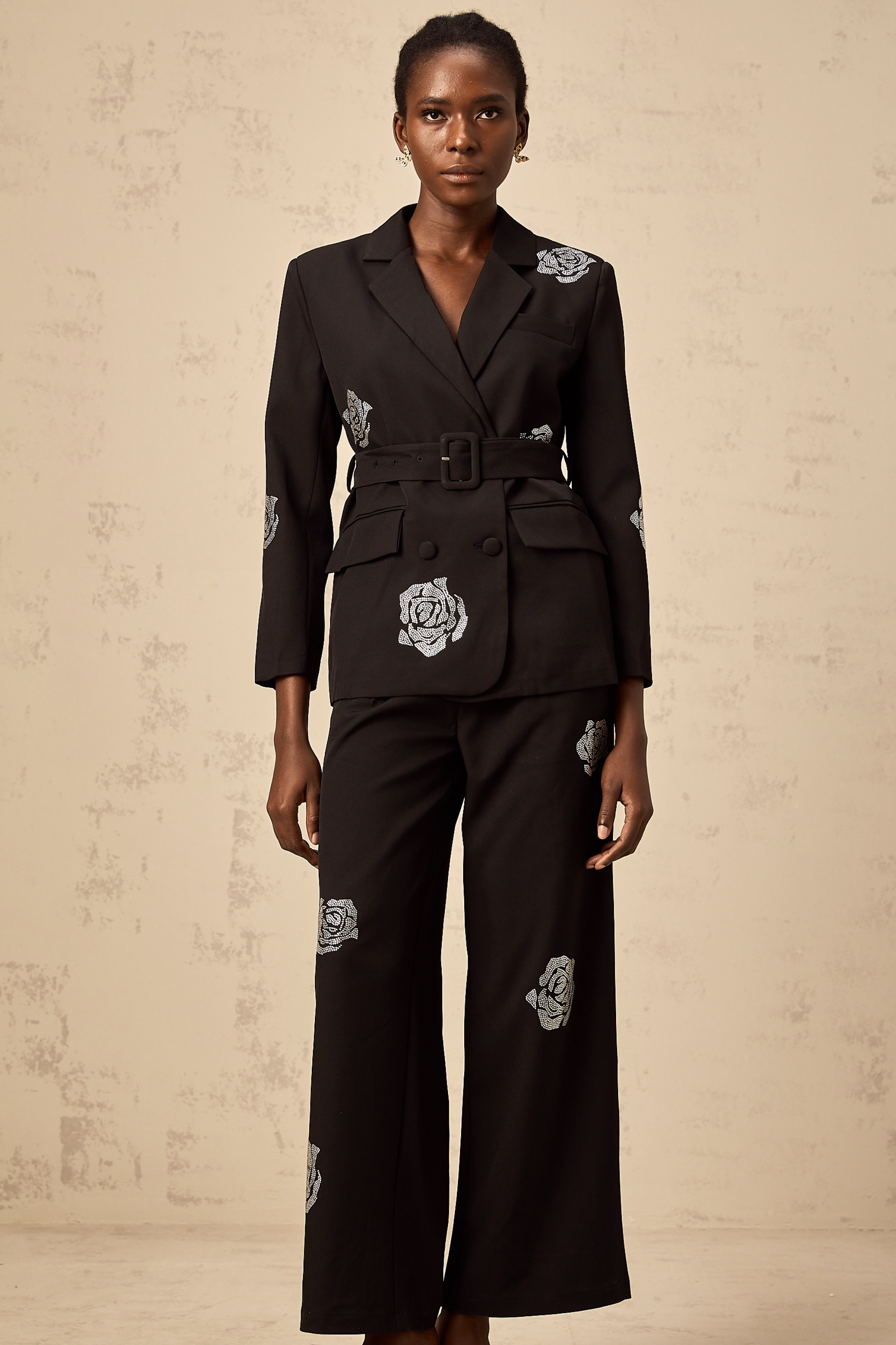 Phoebe black studded-rose blazer & trousers matching set