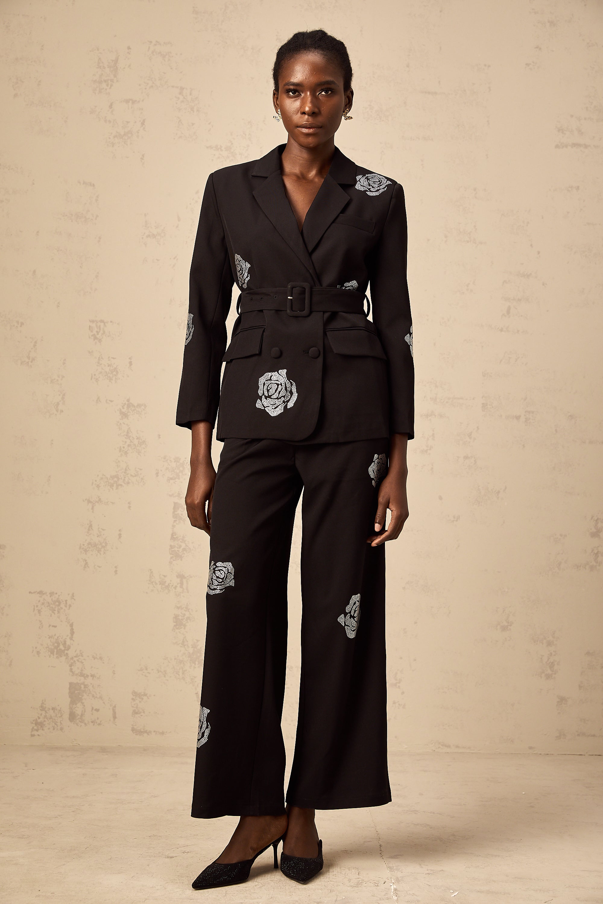 Phoebe black studded-rose blazer & trousers matching set