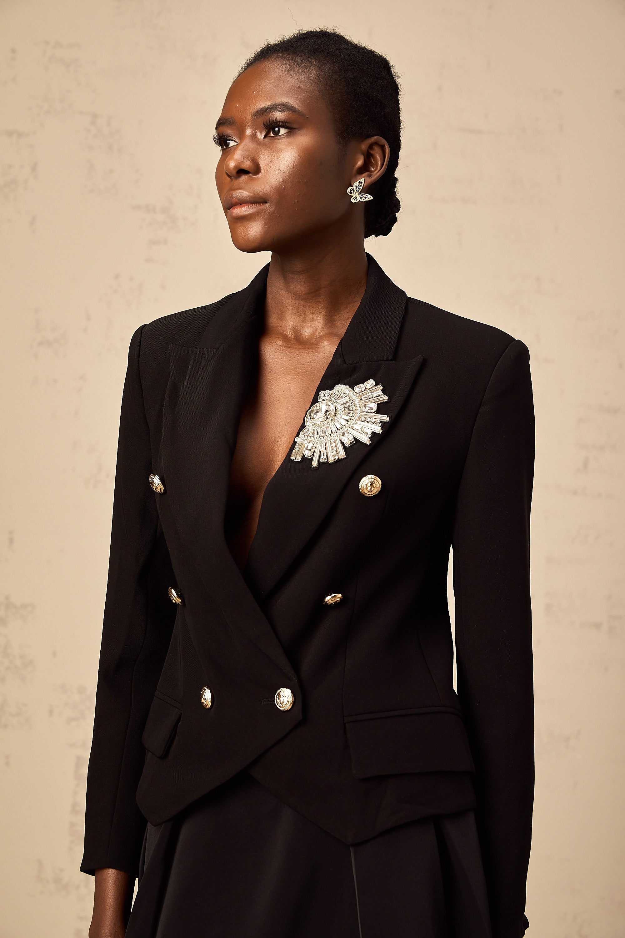 Whitney black double-breasted crystal-brooch blazer