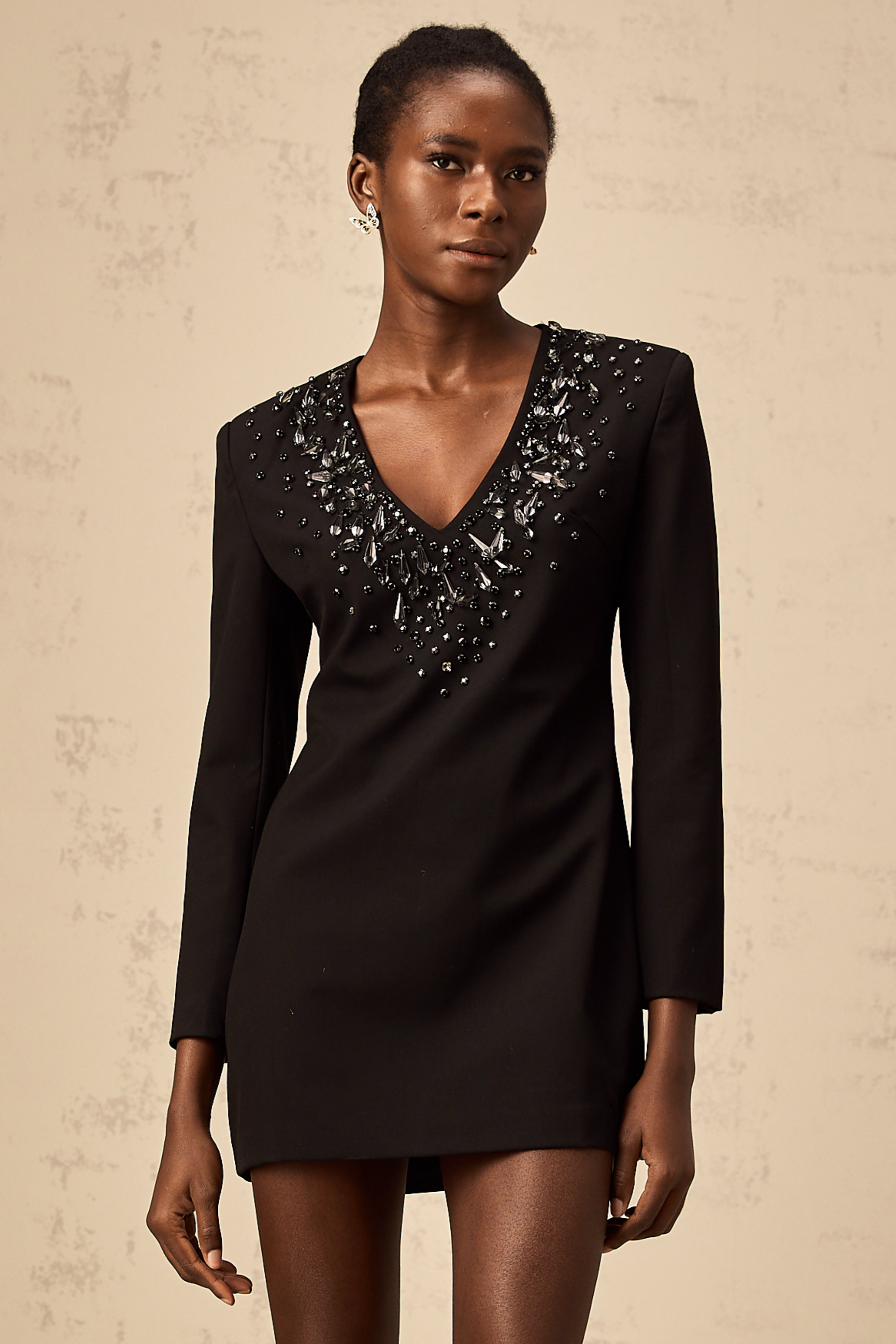 Sandrine black plunging V-neck crystal-embellished mini dress