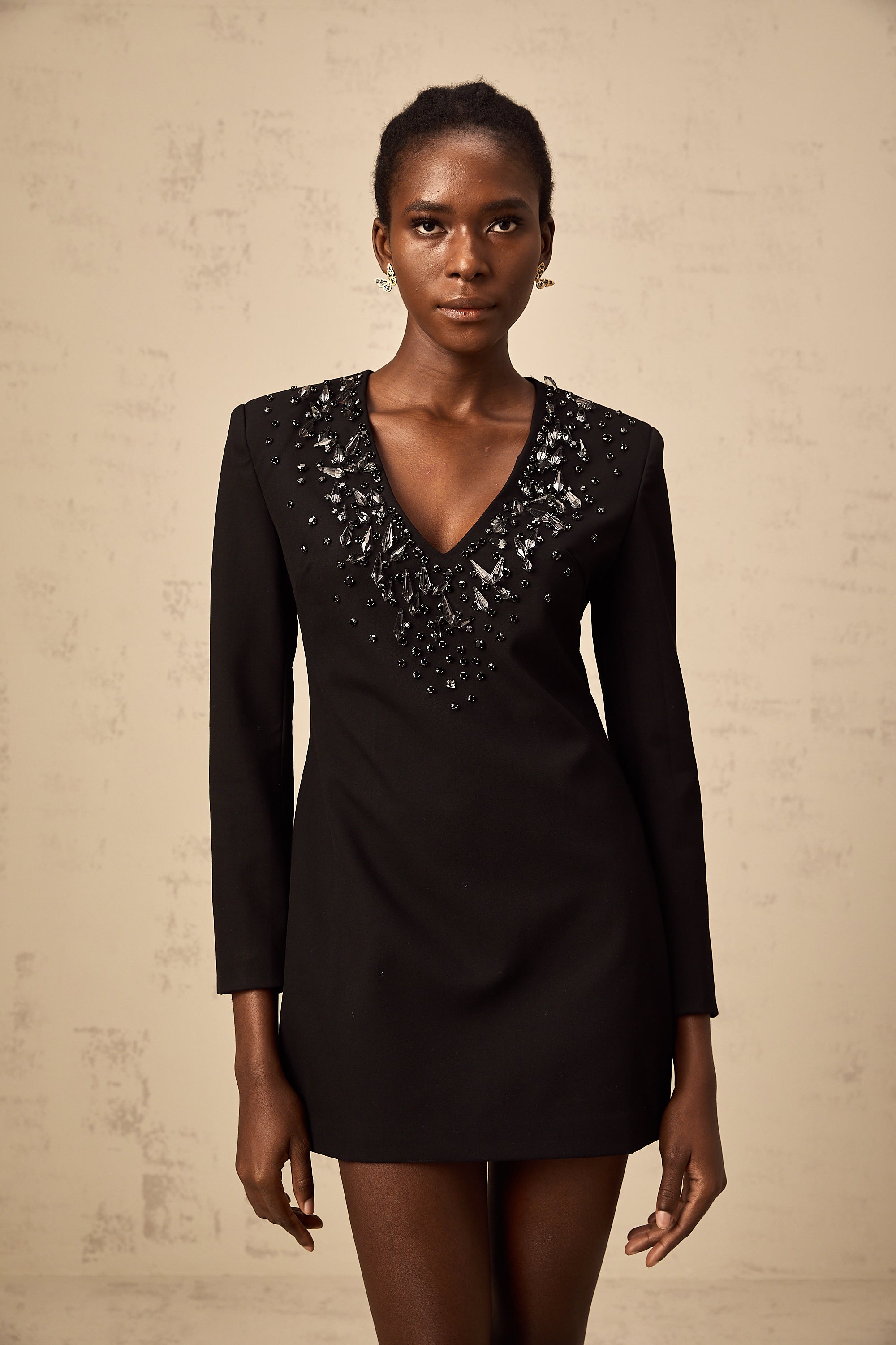 Sandrine black plunging V-neck crystal-embellished mini dress