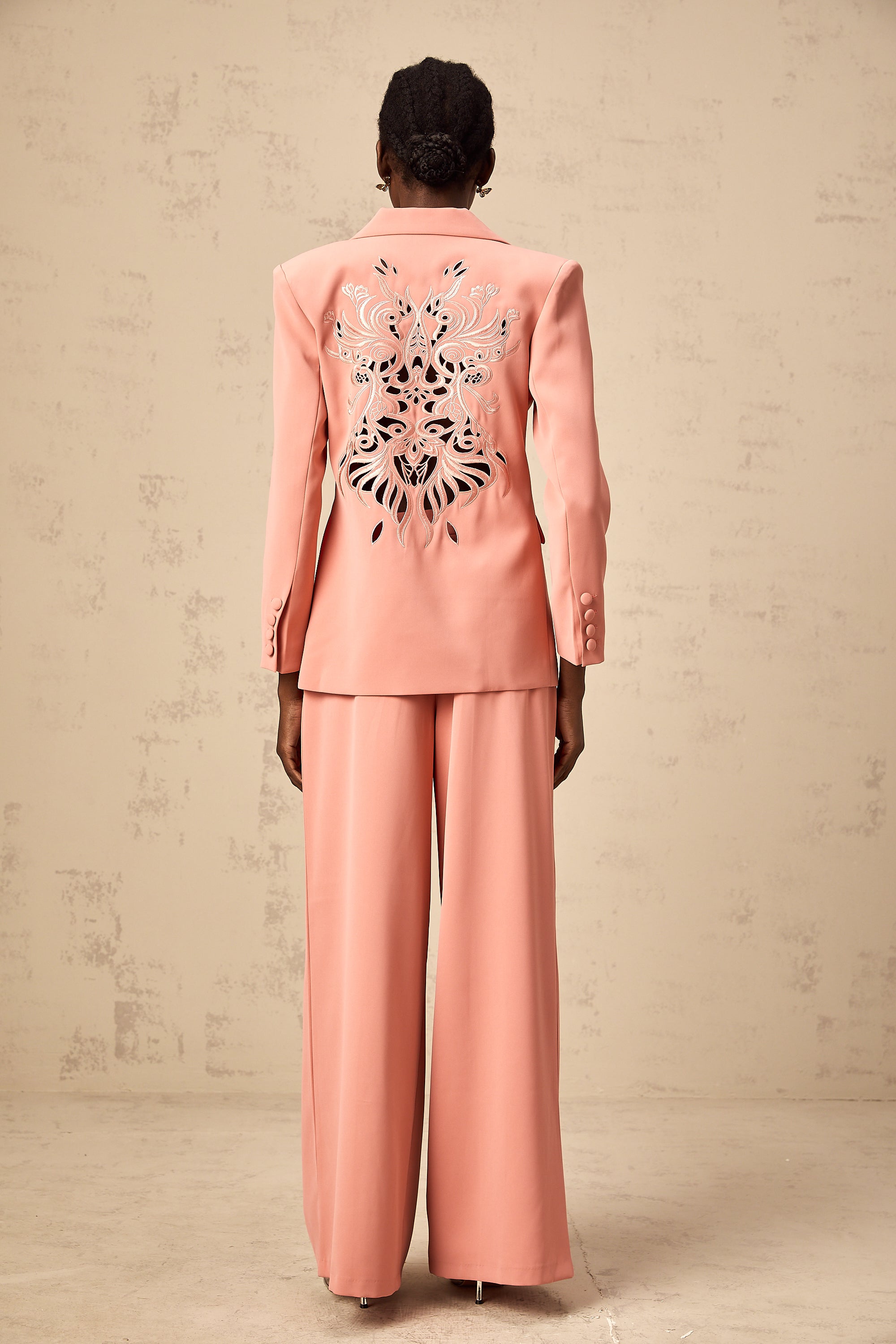 Zoé pink embroidery cut-out blazer & trousers matching set