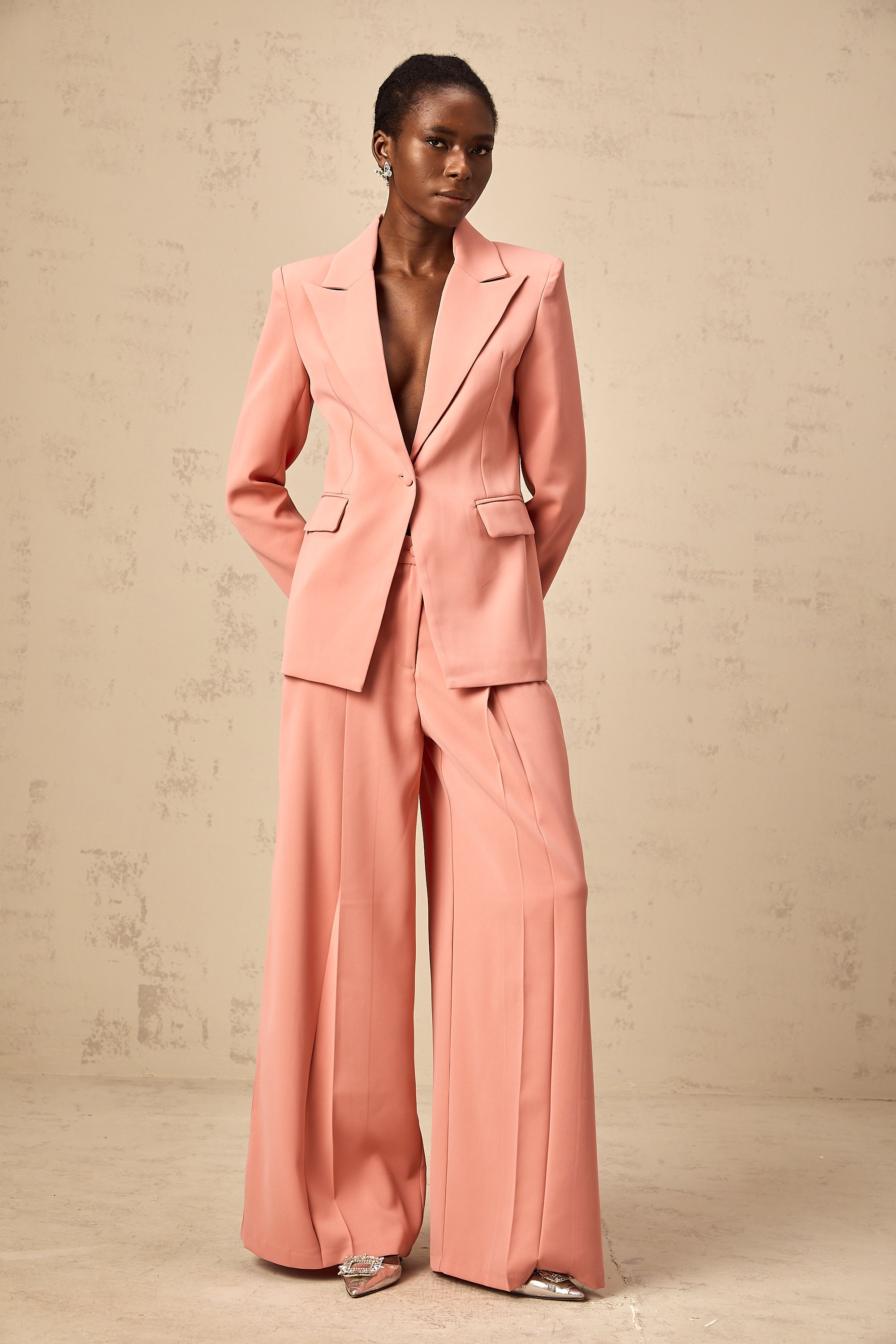 Zoé pink embroidery cut-out blazer & trousers matching set