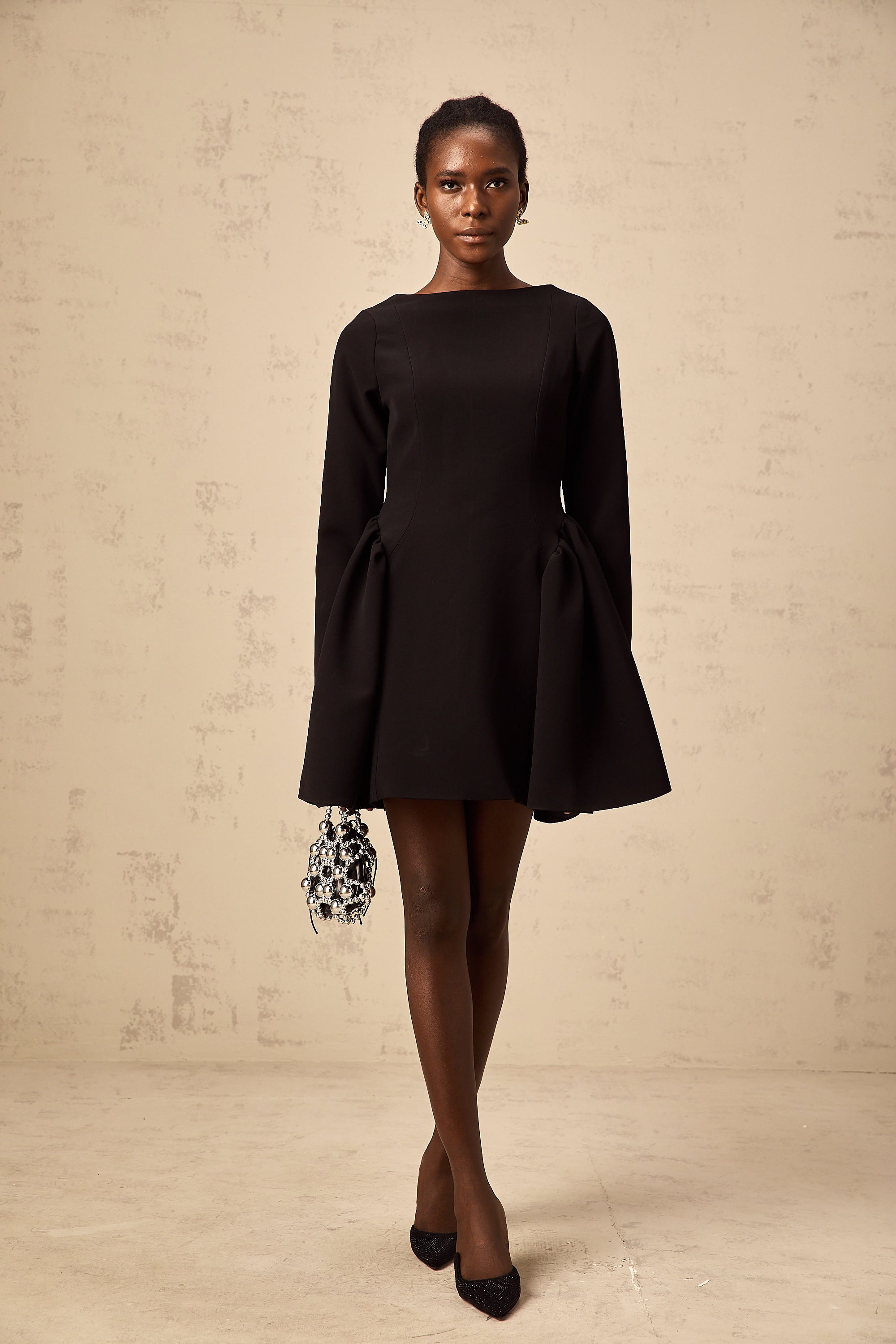 Zora black long-sleeve flared mini dress