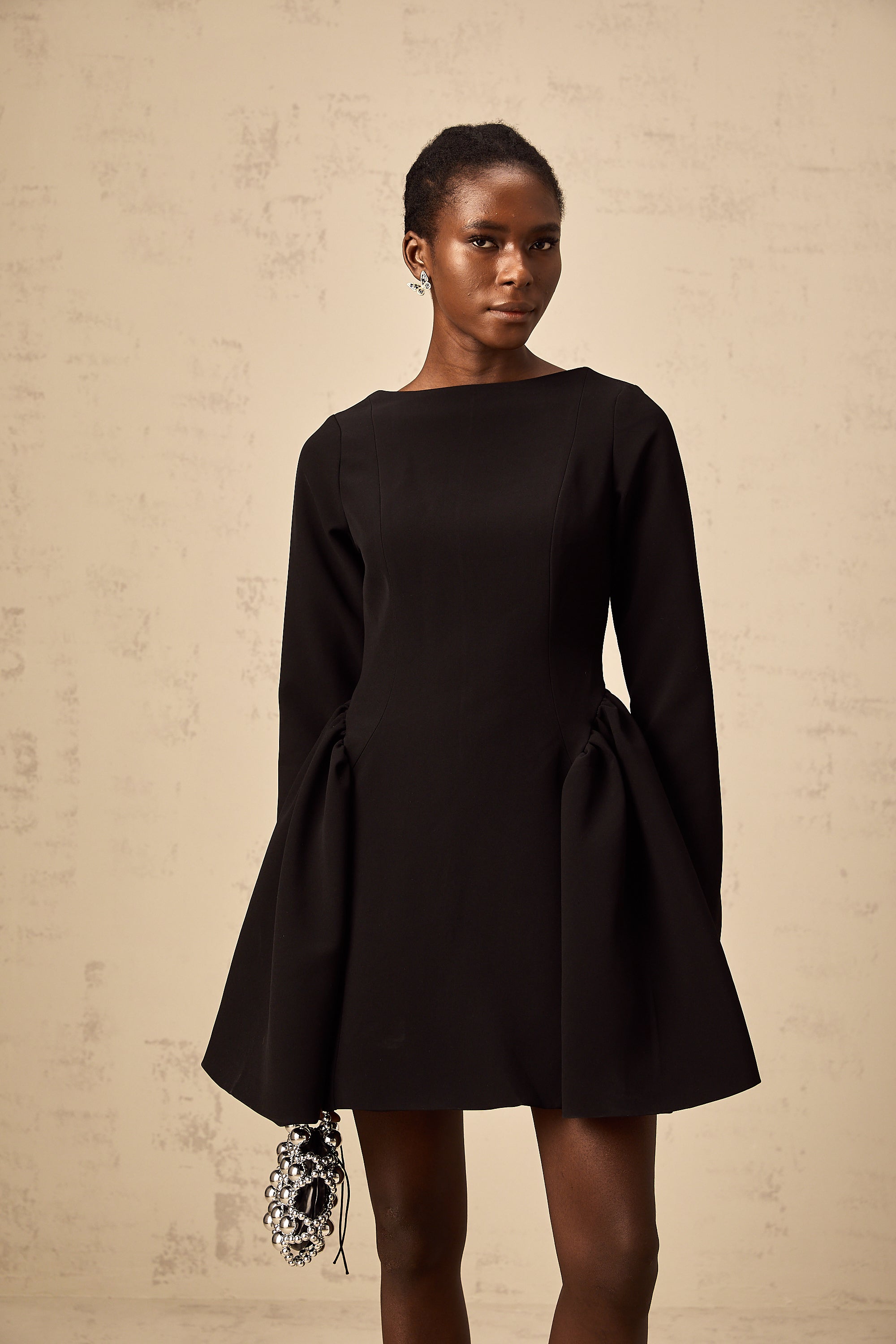 Zora black long-sleeve flared mini dress