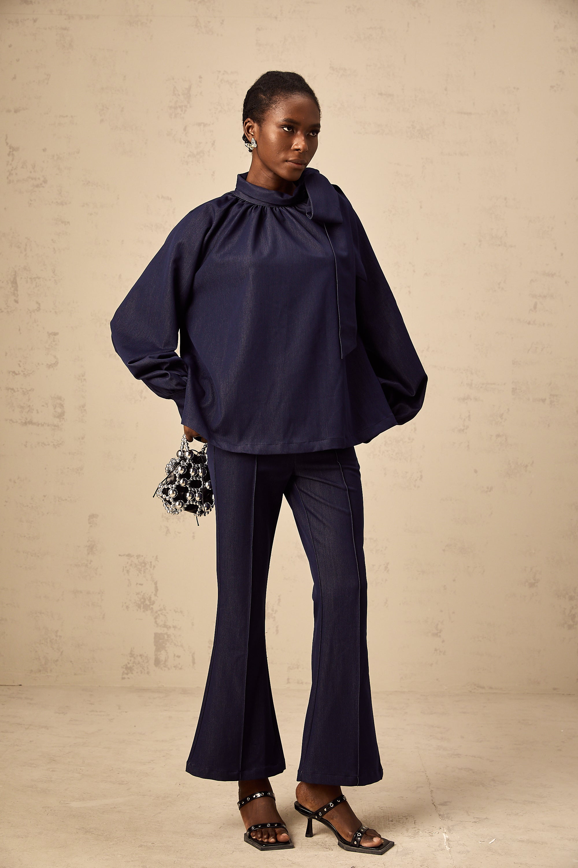 Mathilde denim blue flared blouse & trousers matching set