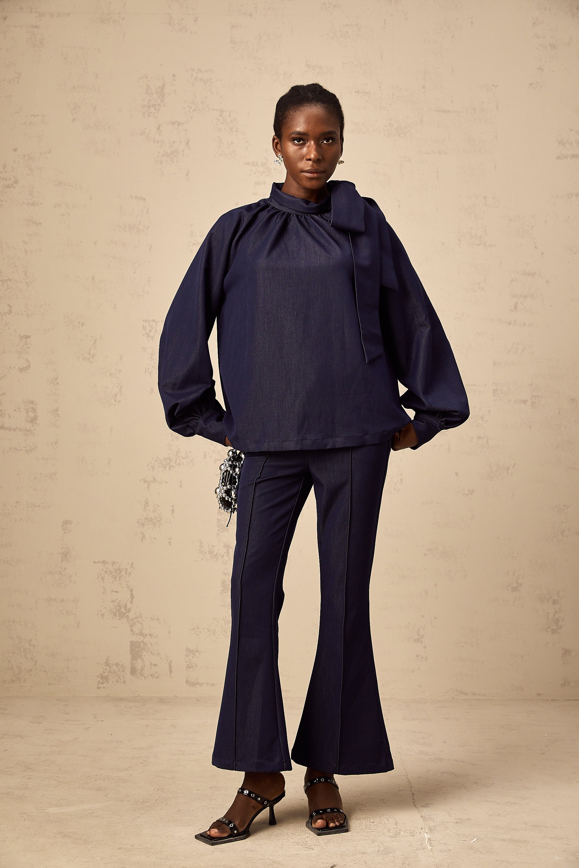 Mathilde denim blue flared blouse & trousers matching set