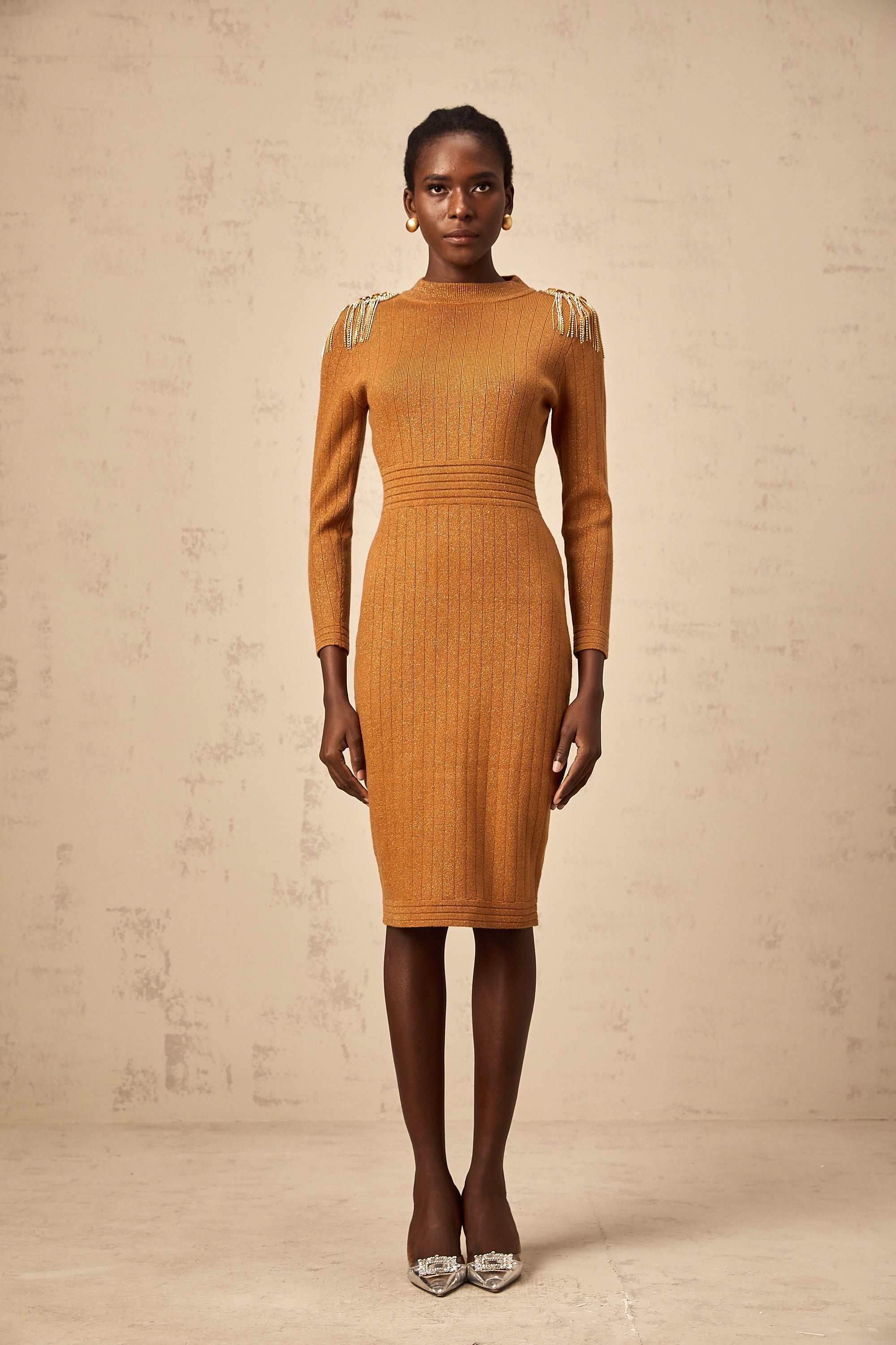 Renata epaulet-design ribbed-knit midi dress