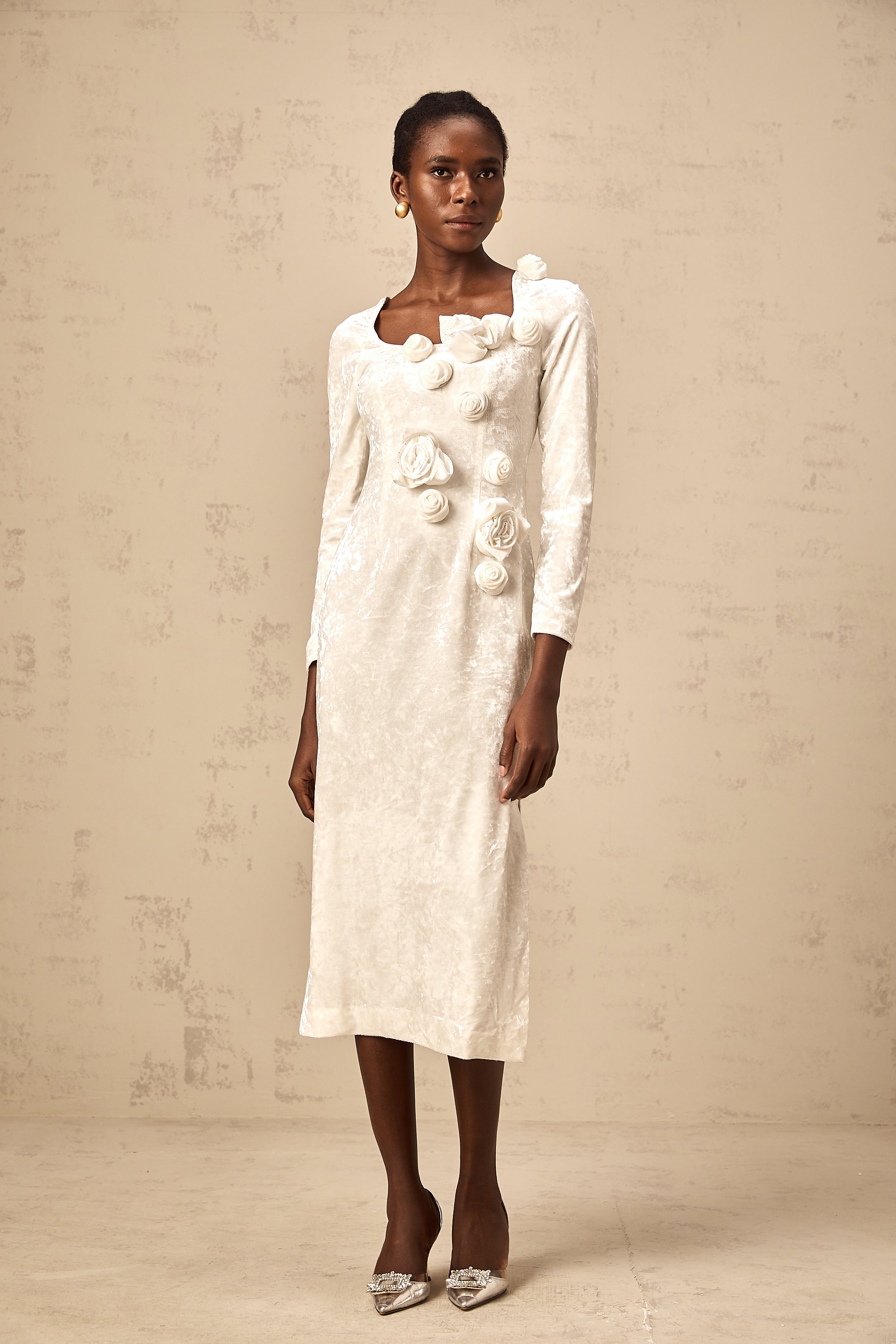 Roxane white faux-flower velvet midi dress