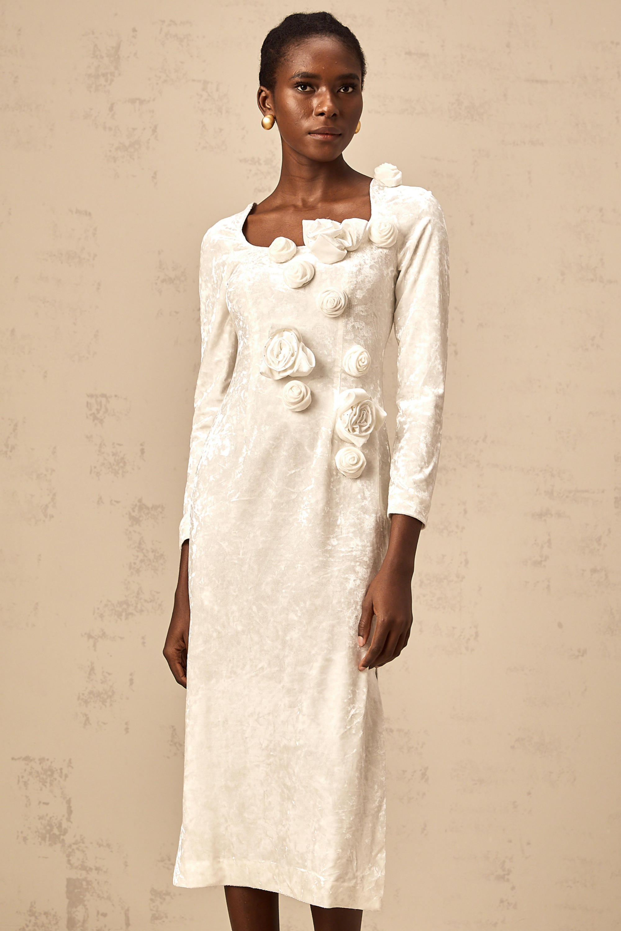 Roxane white faux-flower velvet midi dress