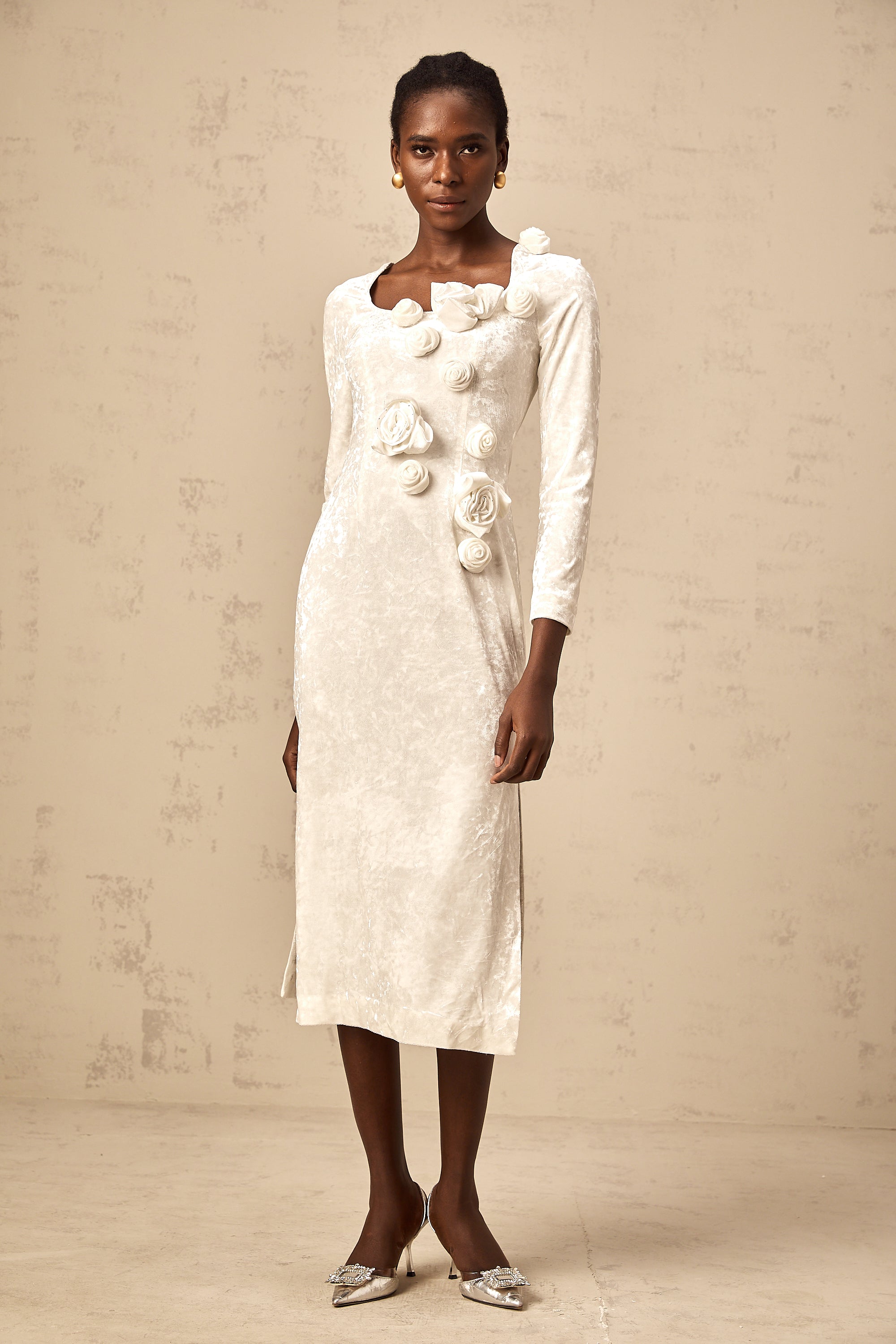 Roxane white faux-flower velvet midi dress