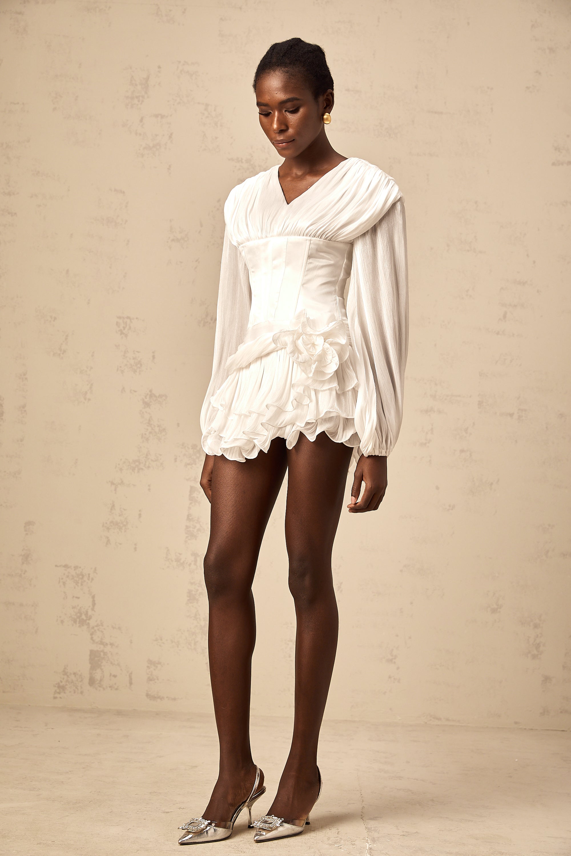 Rosier white fully-pleated cinched mini dress