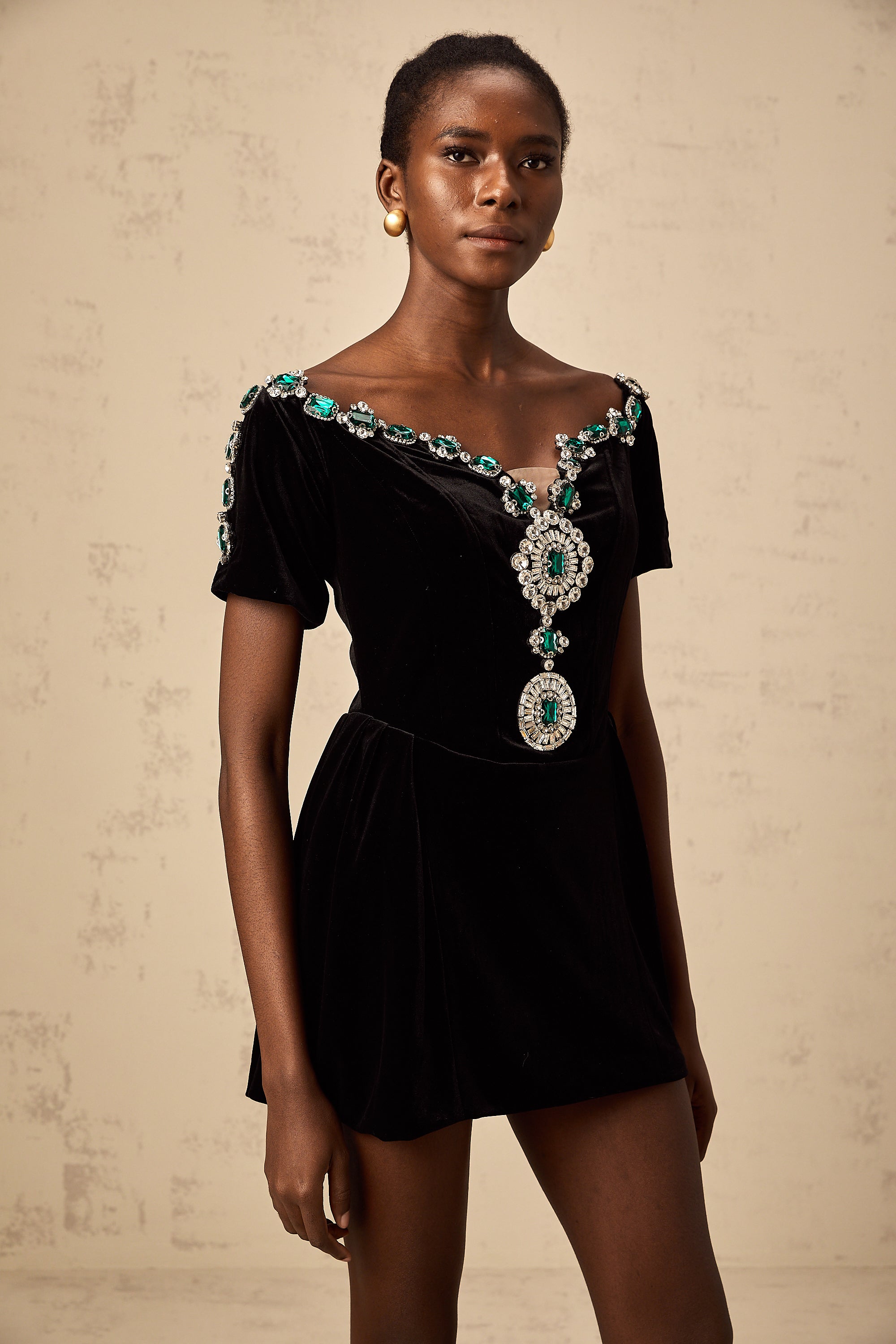 Camille black velvet embellished mini dress