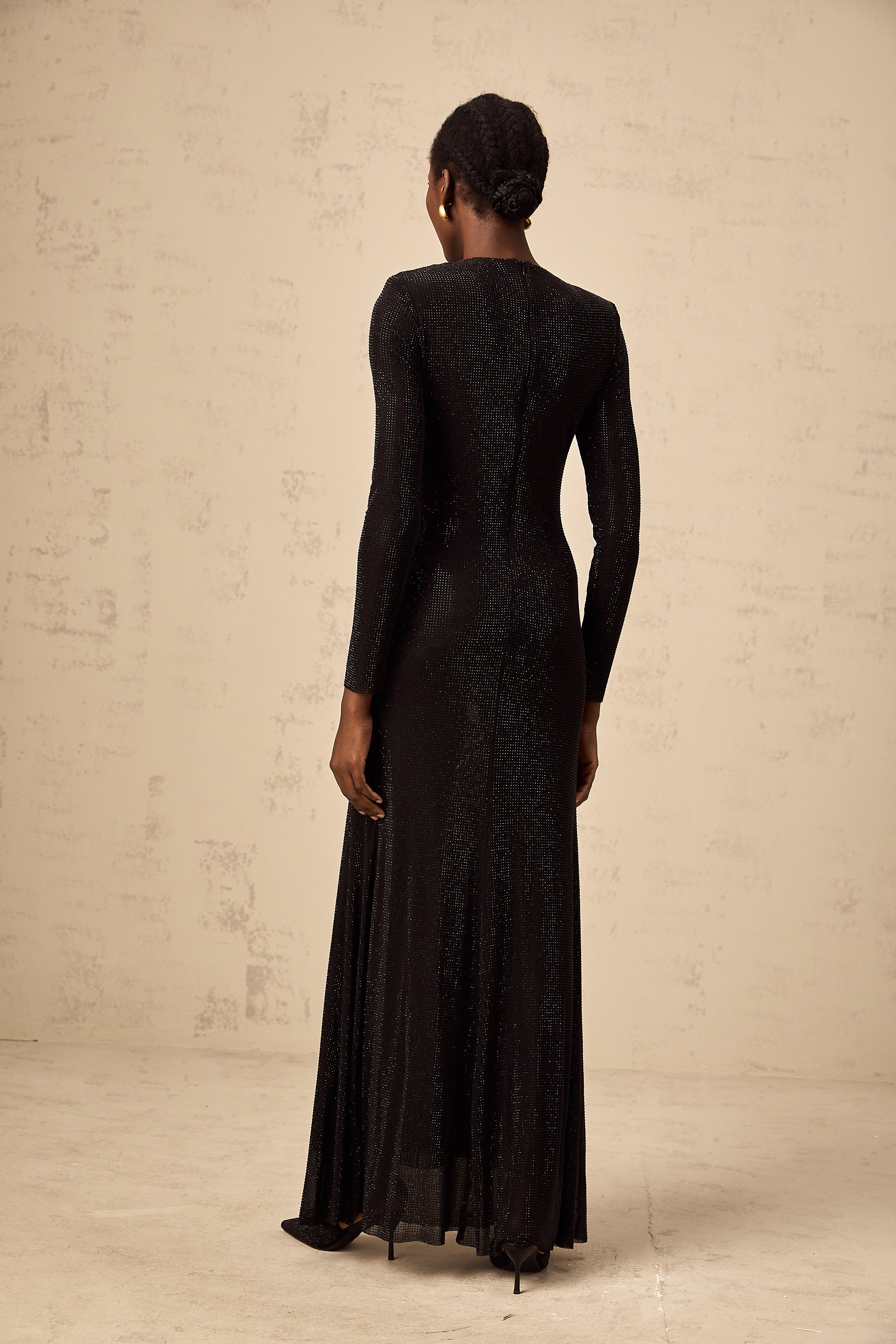 Donatienne black rhinestone-embellished ruched mesh maxi dress