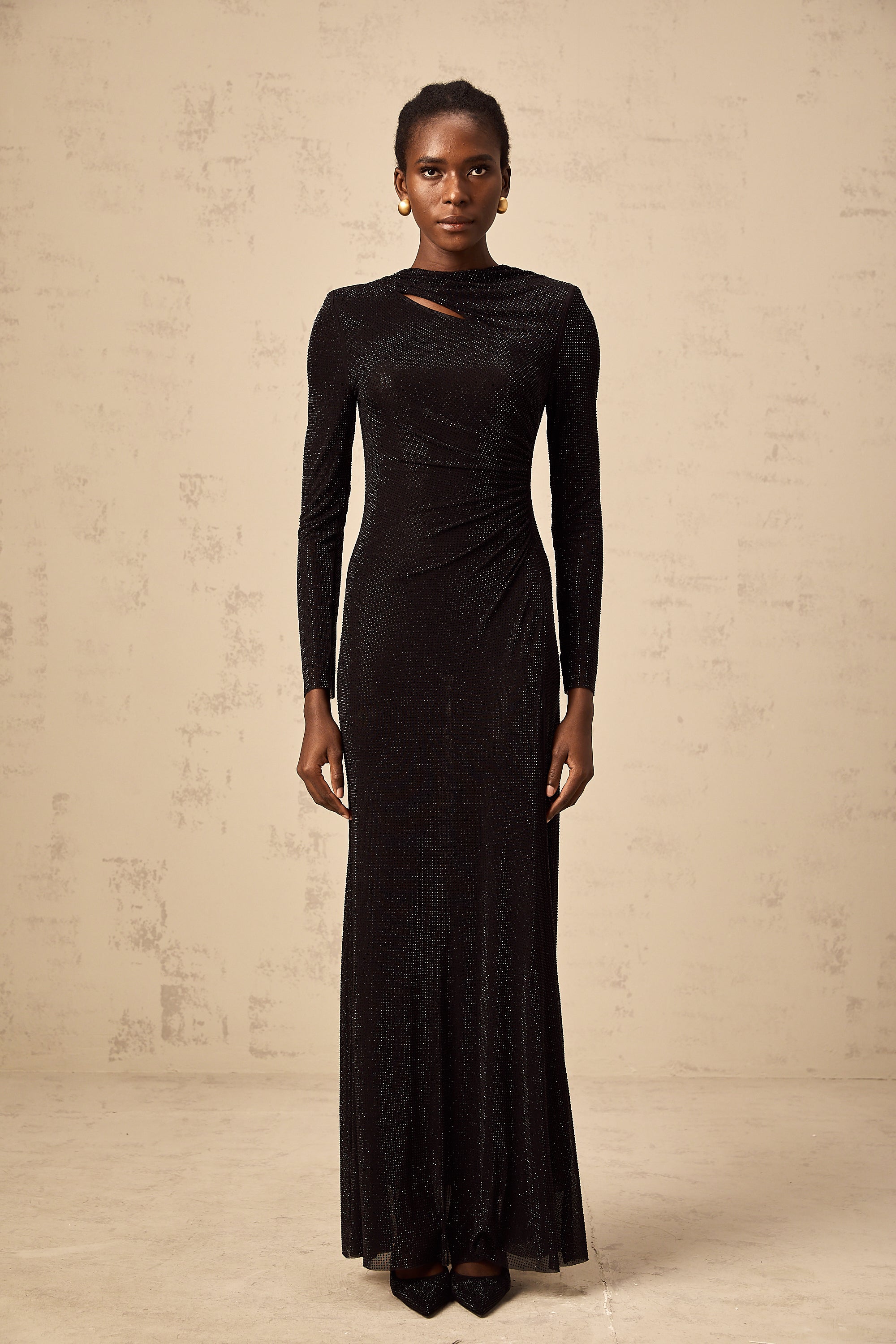 Donatienne black rhinestone-embellished ruched mesh maxi dress