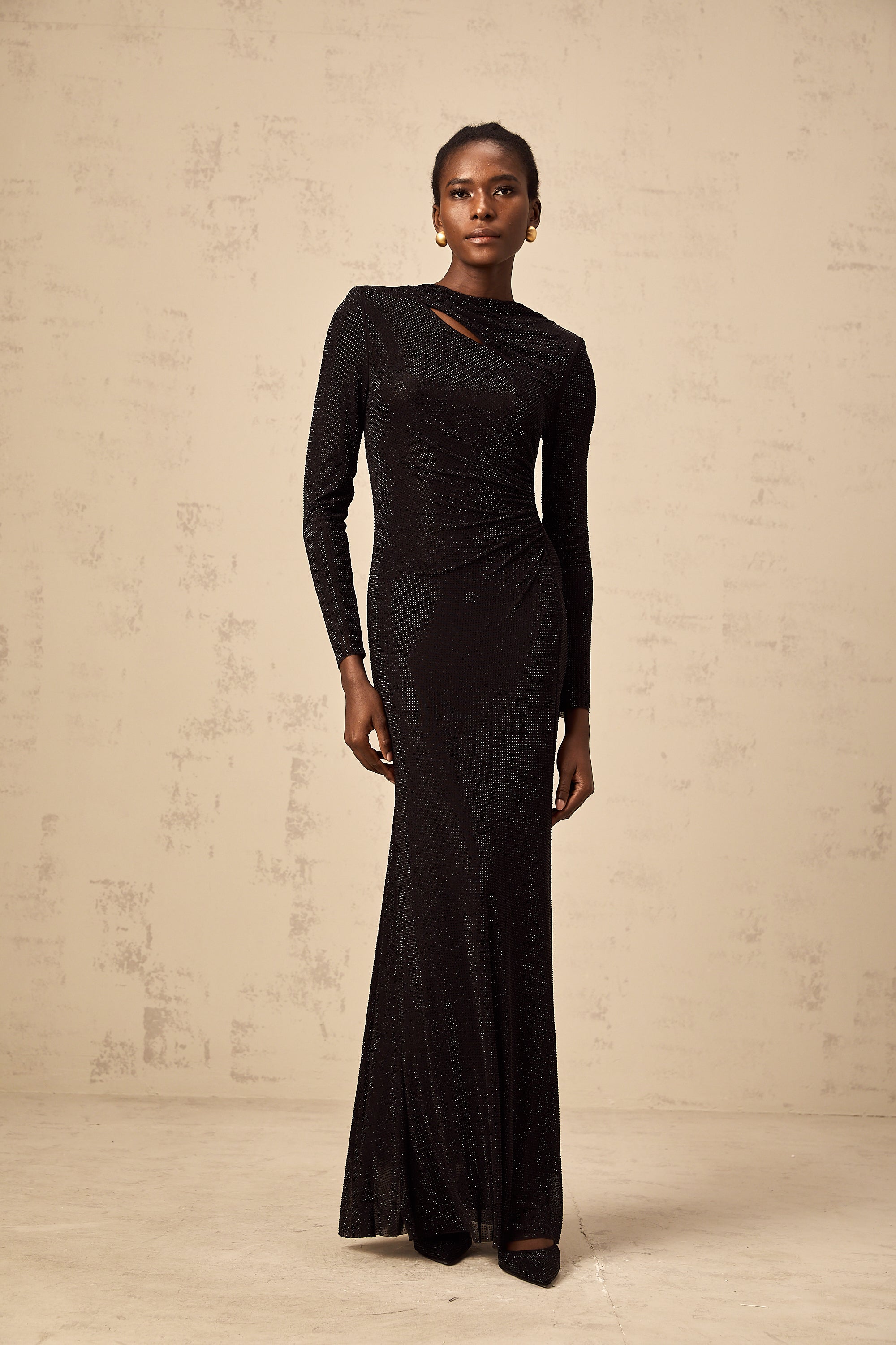 Donatienne black rhinestone-embellished ruched mesh maxi dress