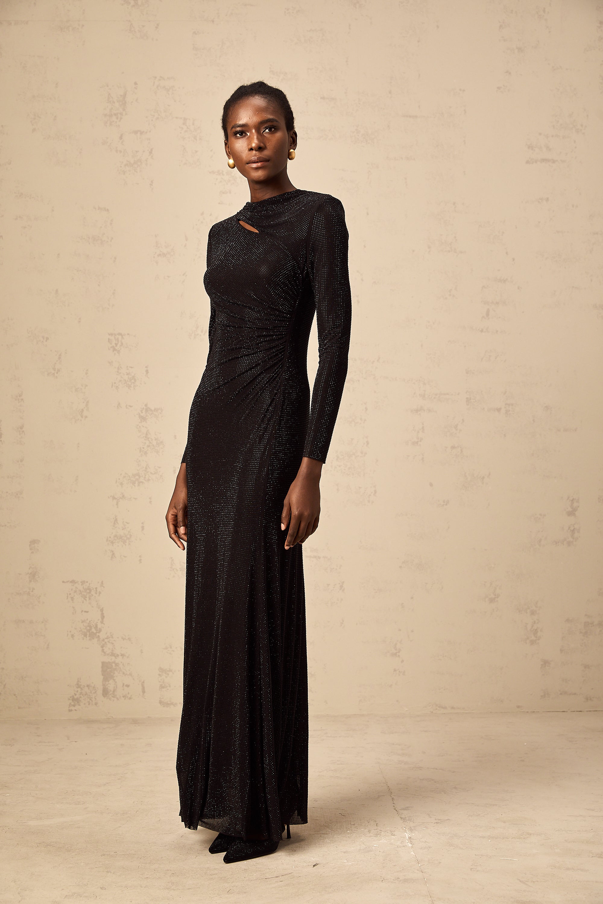 Donatienne black rhinestone-embellished ruched mesh maxi dress