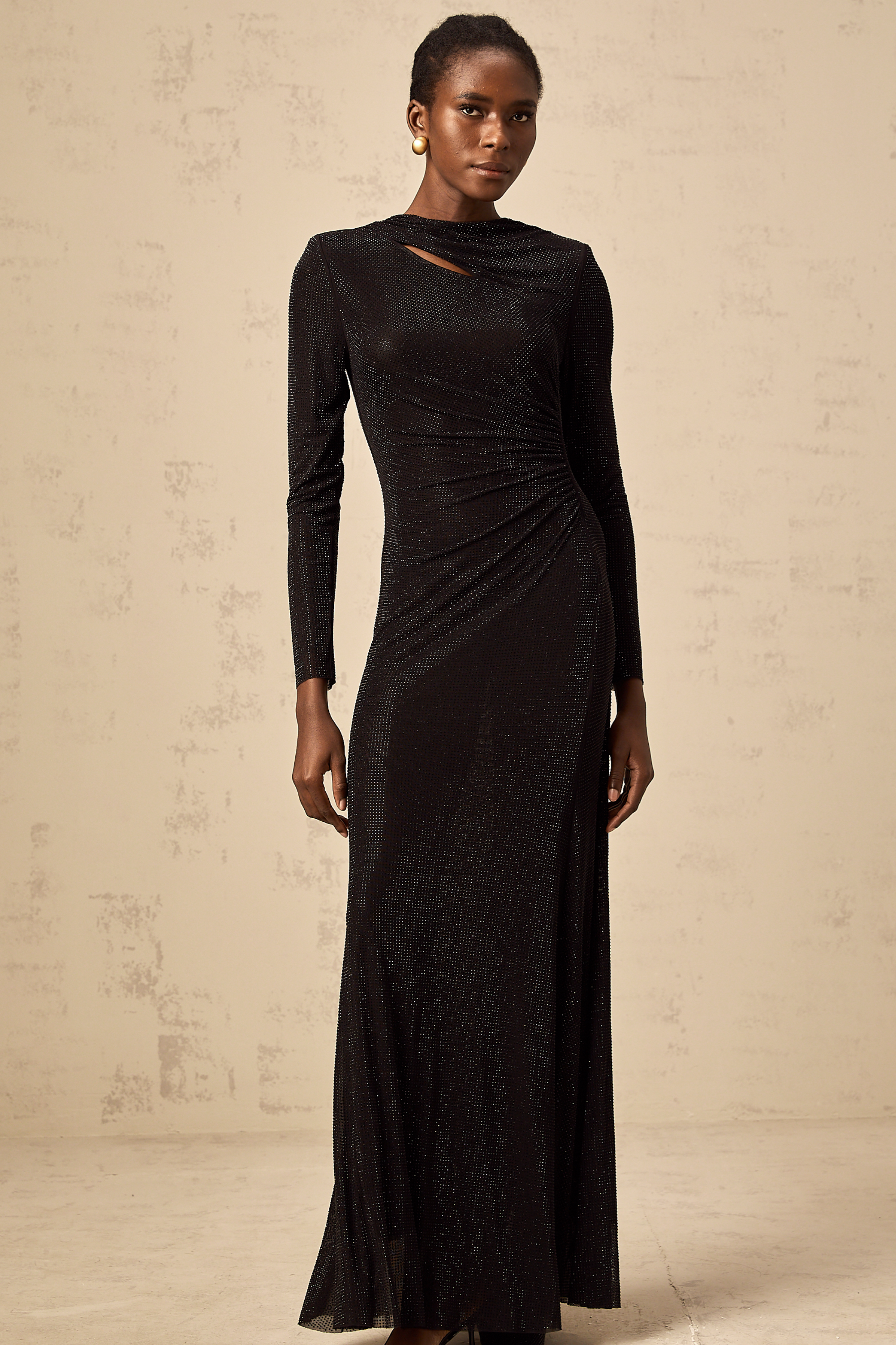 Donatienne black rhinestone-embellished ruched mesh maxi dress