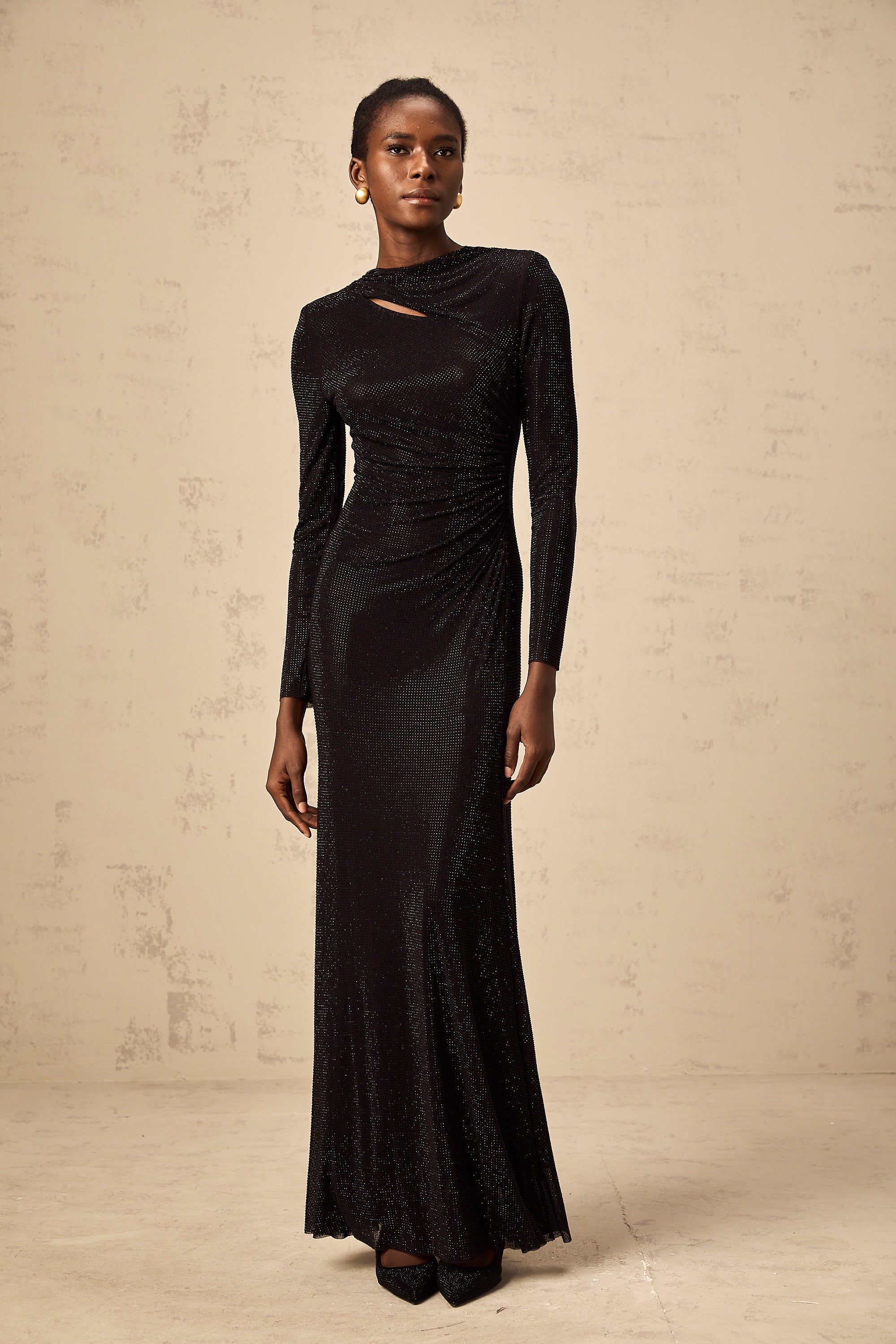 Donatienne black rhinestone-embellished ruched mesh maxi dress