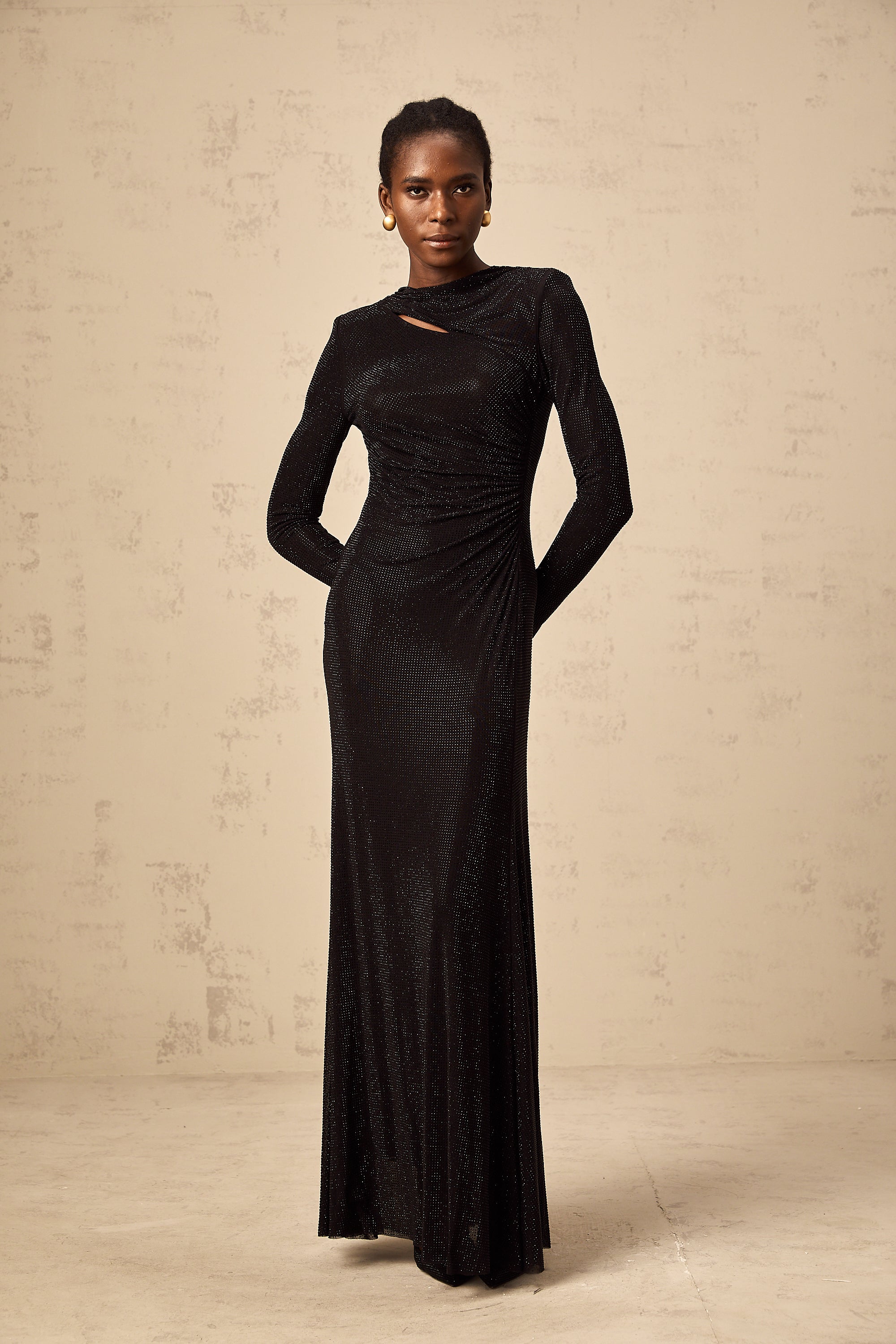 Donatienne black rhinestone-embellished ruched mesh maxi dress