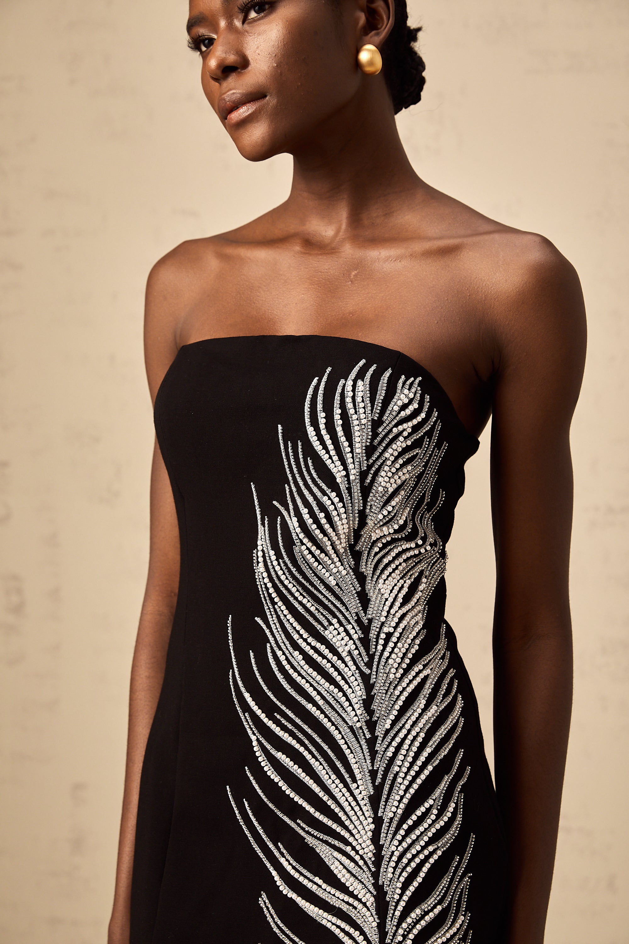 Jelena black off-shoulder feather-motif embellished mini dress