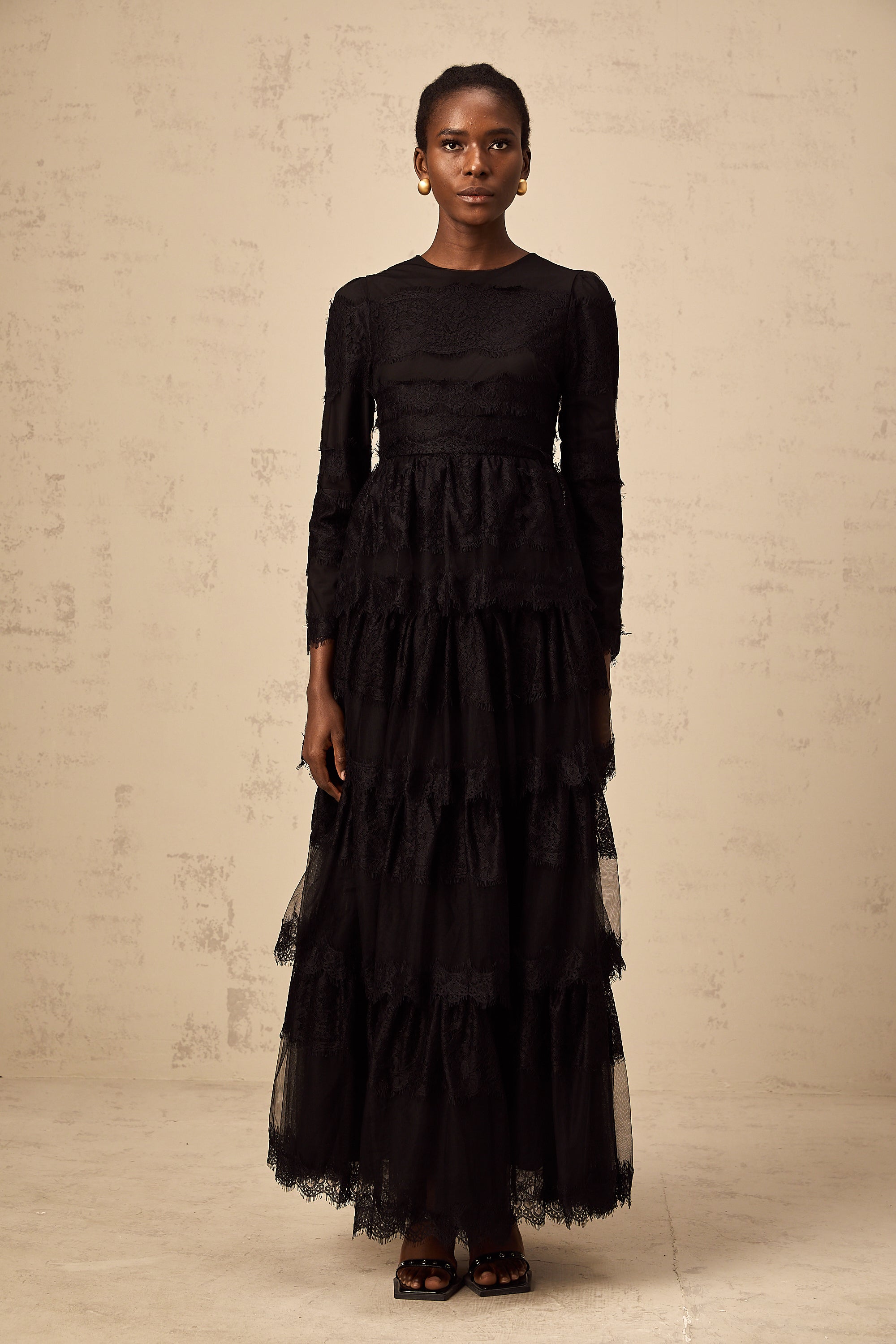 Gloria black guipure lace tulle tiered maxi dress