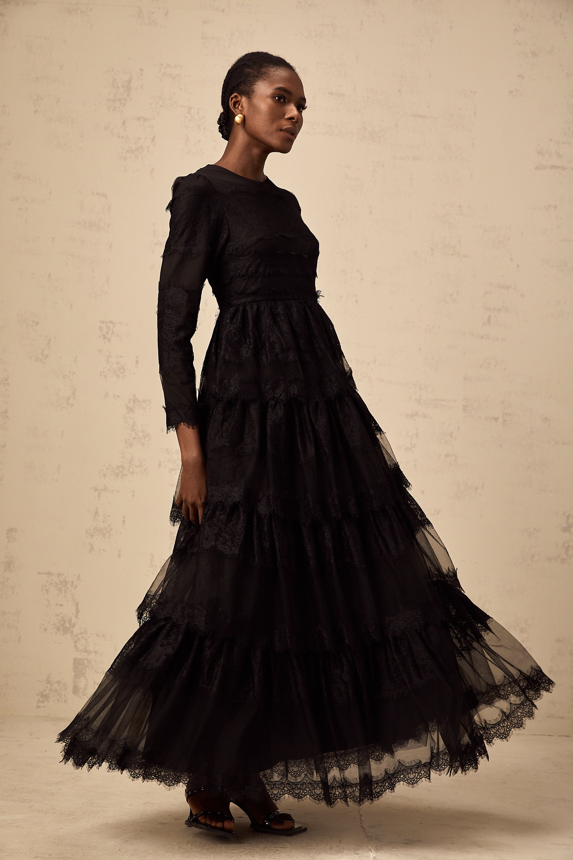 Gloria black guipure lace tulle tiered maxi dress