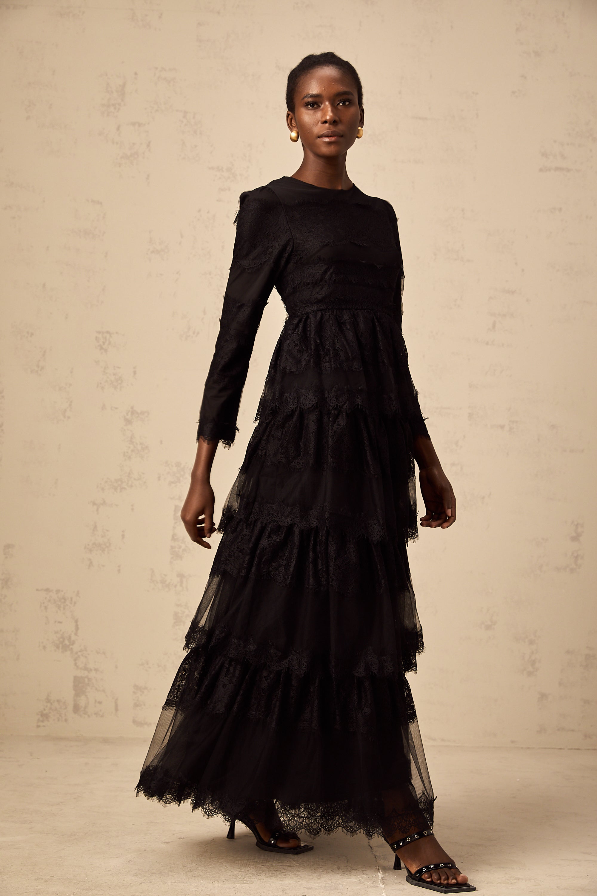 Gloria black guipure lace tulle tiered maxi dress