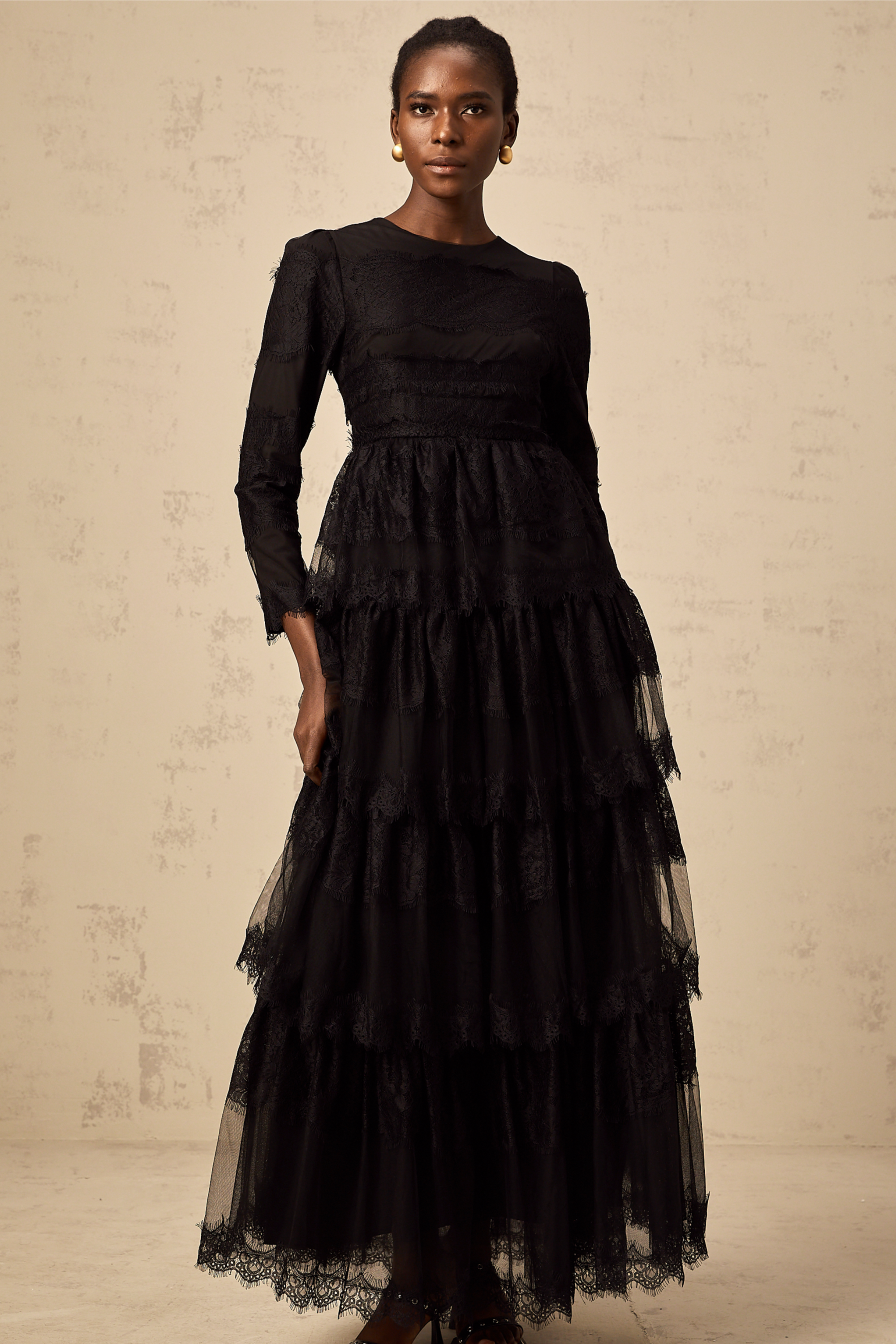 Gloria black guipure lace tulle tiered maxi dress