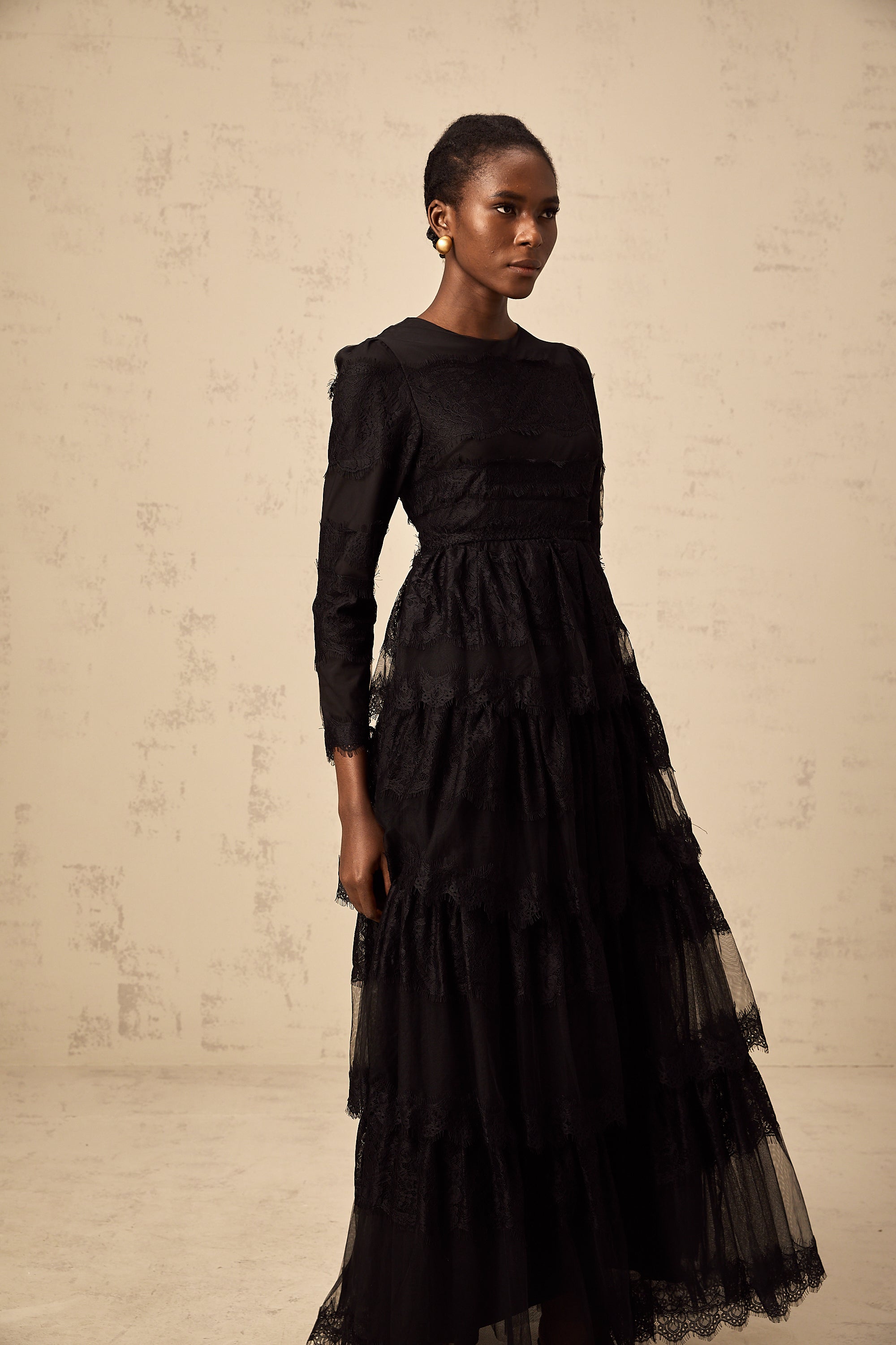 Gloria black guipure lace tulle tiered maxi dress