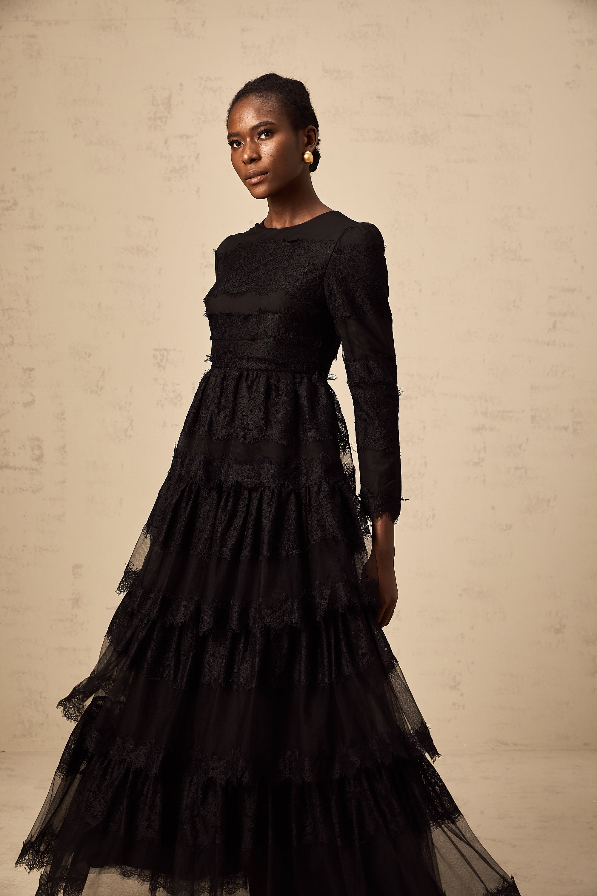 Gloria black guipure lace tulle tiered maxi dress