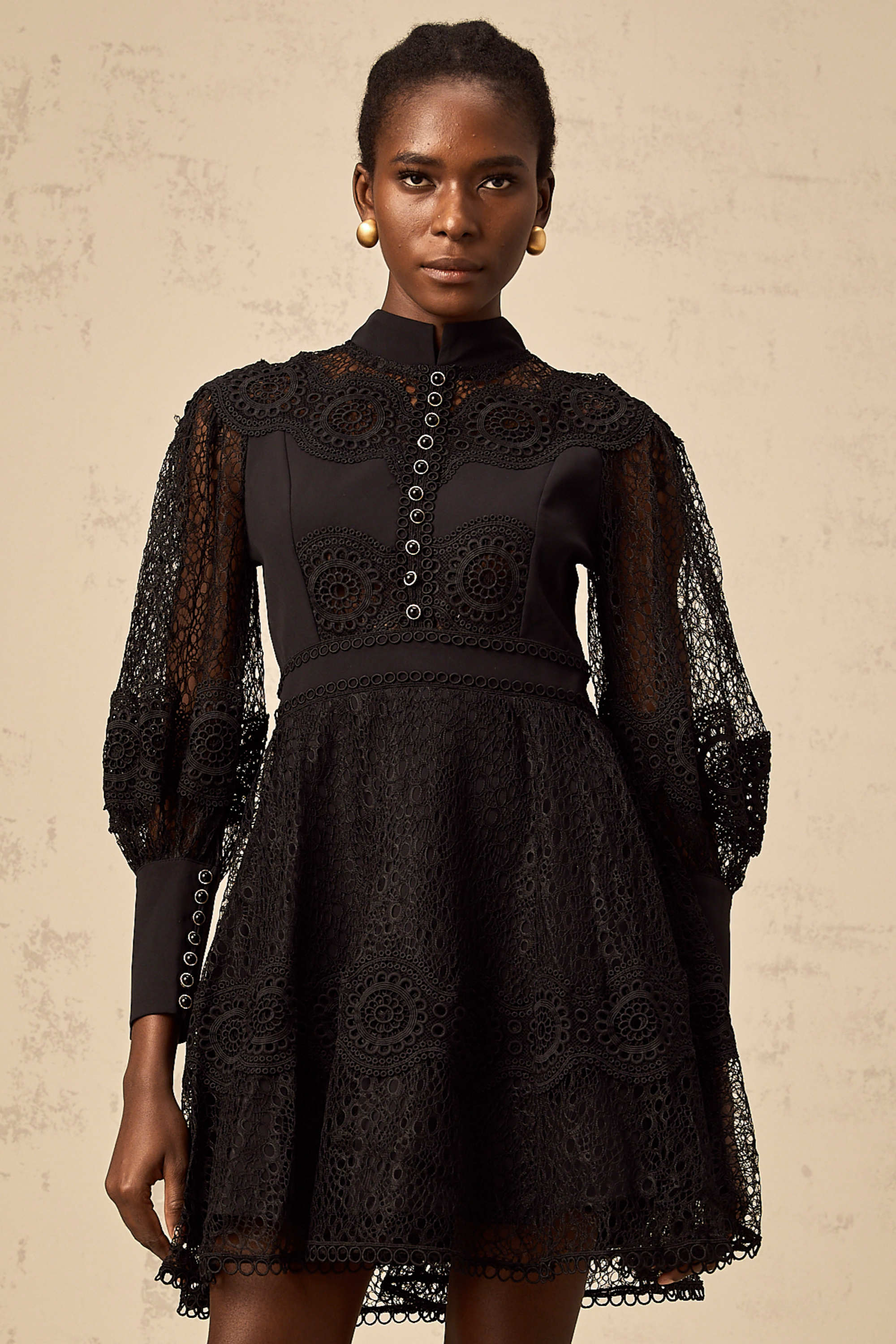 Quella black guipure-lace flared mini dress