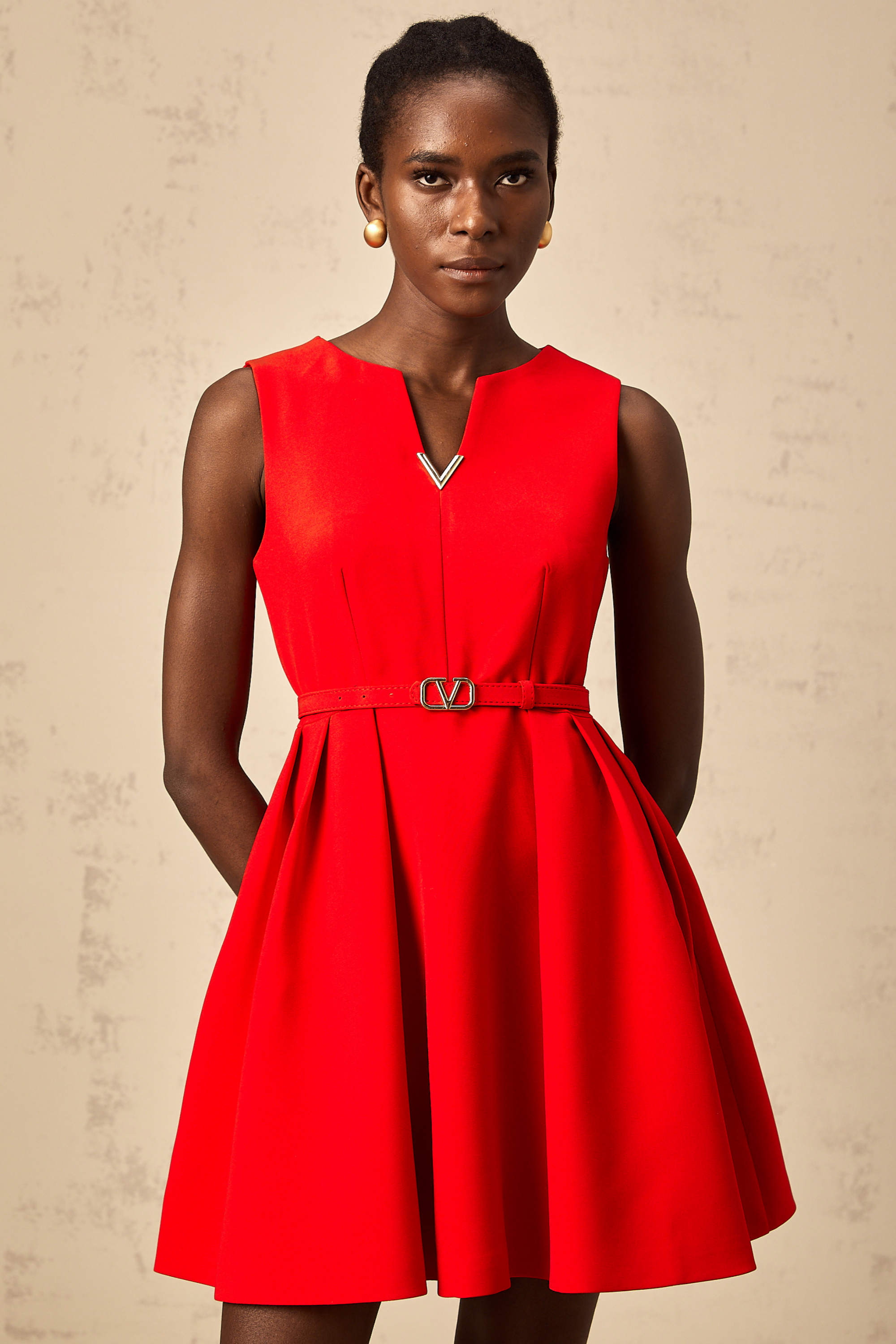 Quiana red split-neck tied-waist mini dress