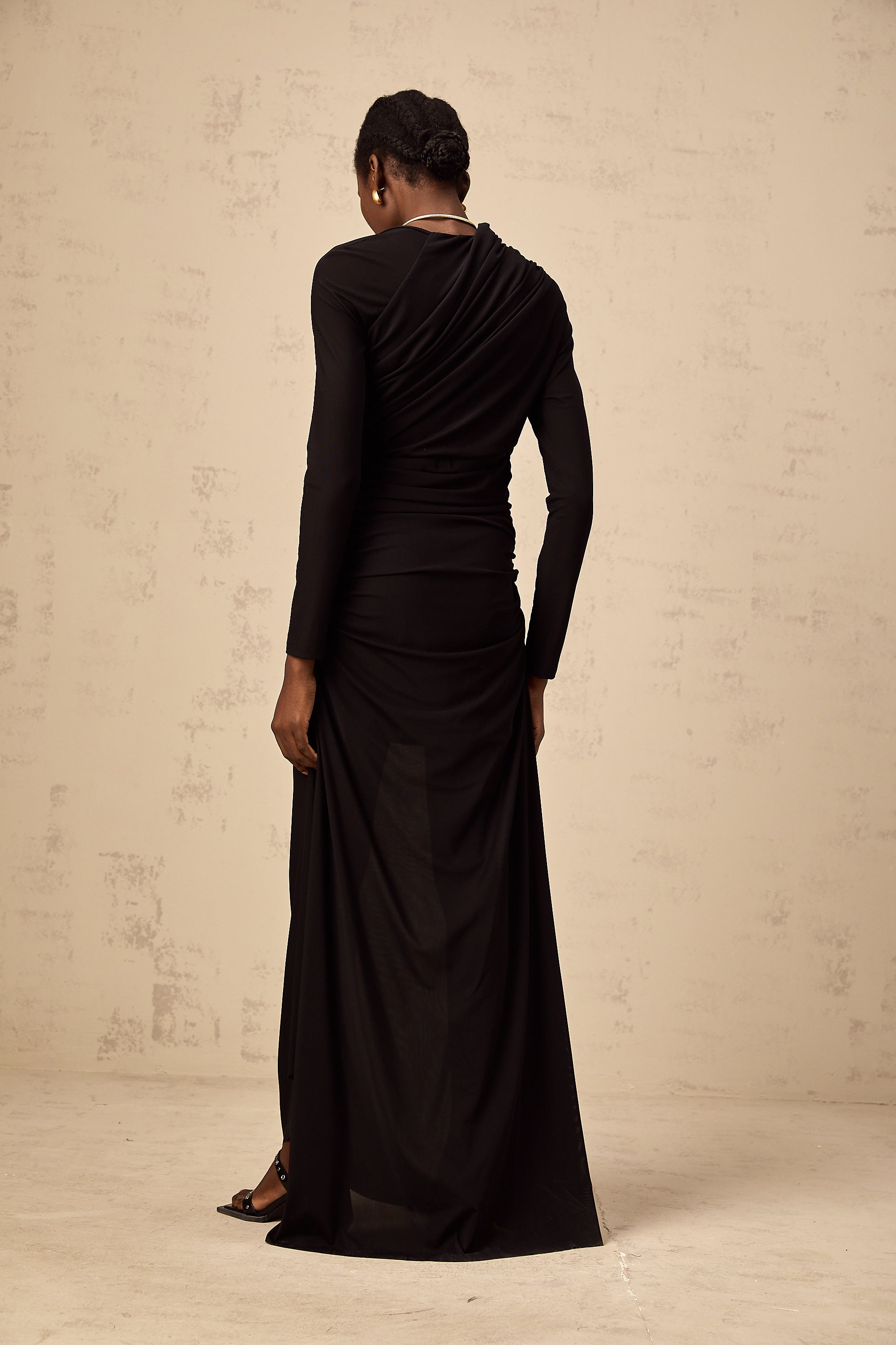 Natalie black cut-out asymmetric tulle maxi dress