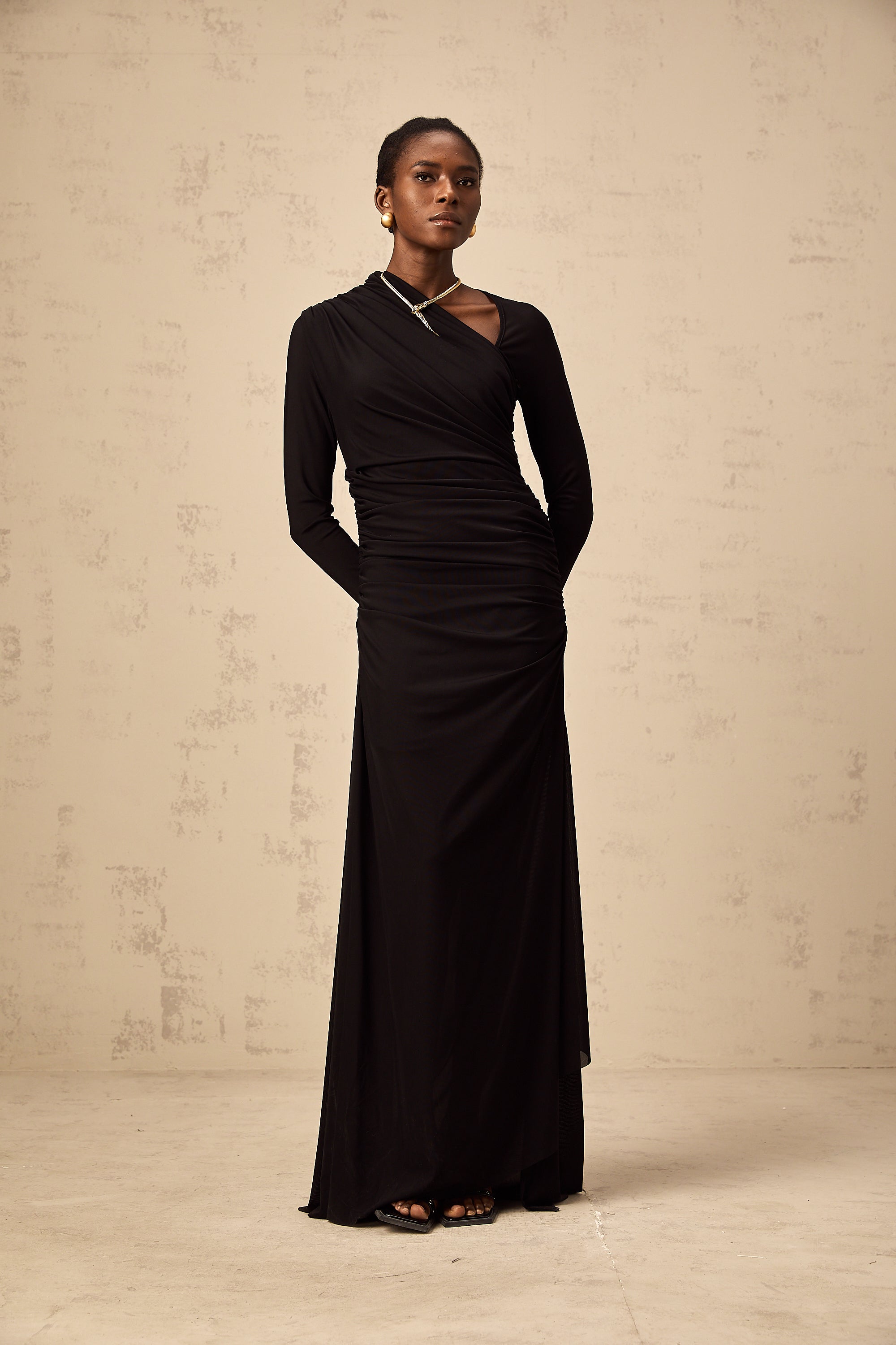 Natalie black cut-out asymmetric tulle maxi dress