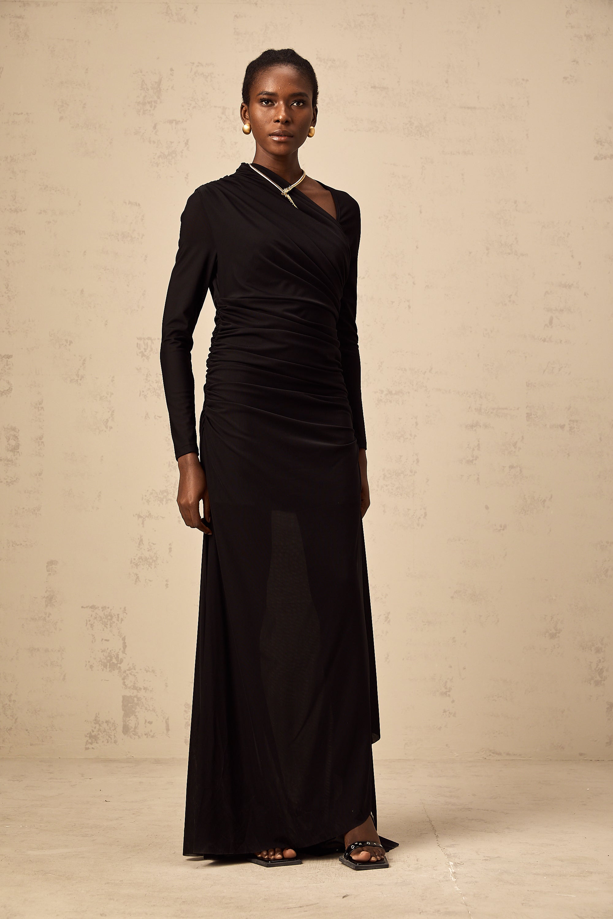 Natalie black cut-out asymmetric tulle maxi dress